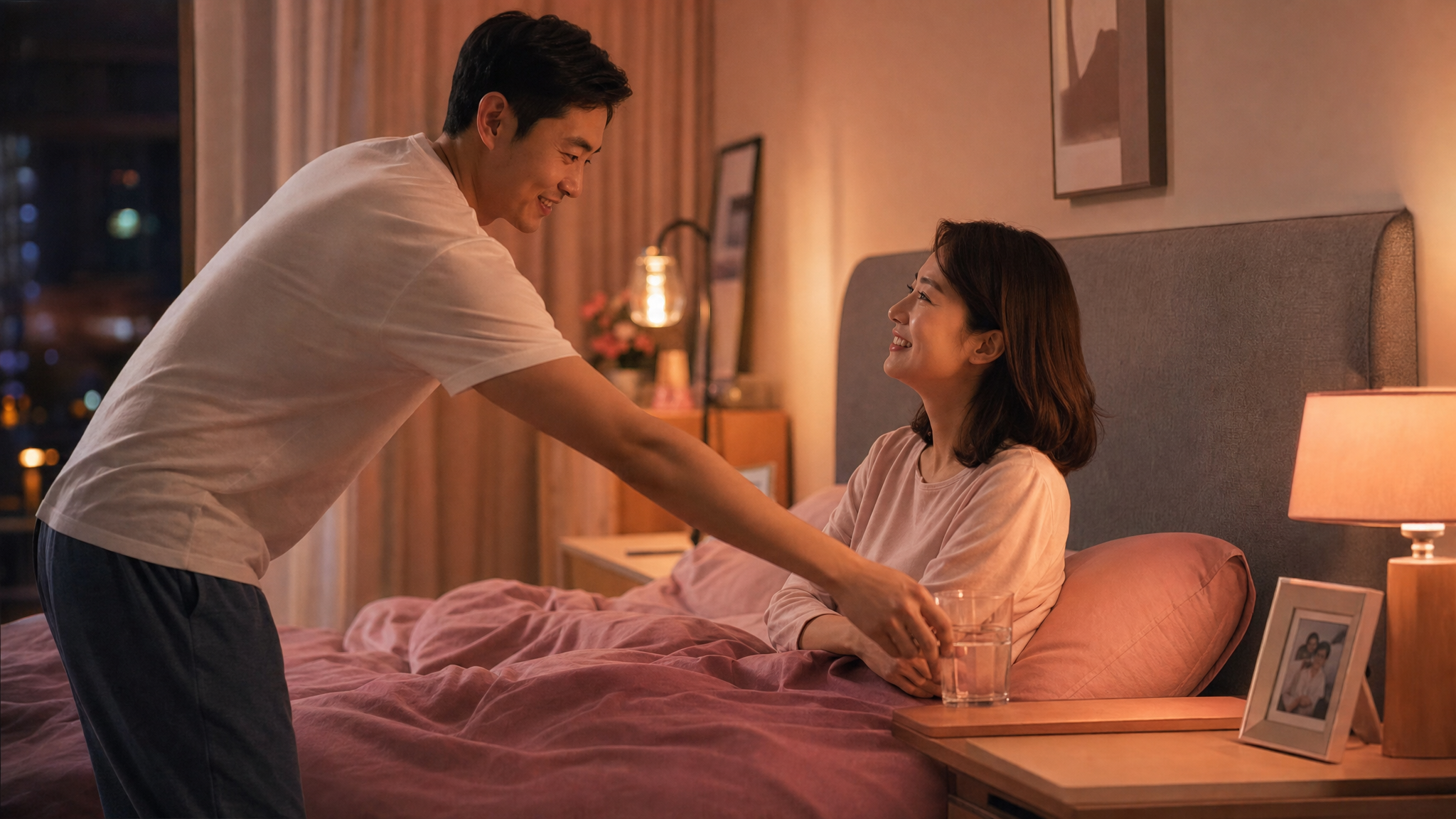 A warm and cozy evening scene in a modern bedroom. A caring Chinese husband is gently taking away a glass of water from the bedside table, smiling reassuringly at his wife who is sitting on the bed. The wife looks relaxed. Warm pink and orange ambient lighting, conveying a sense of security and support. High-resolution, realistic style, soft focus, emotional connection. --ar 3:4 --v 6.0