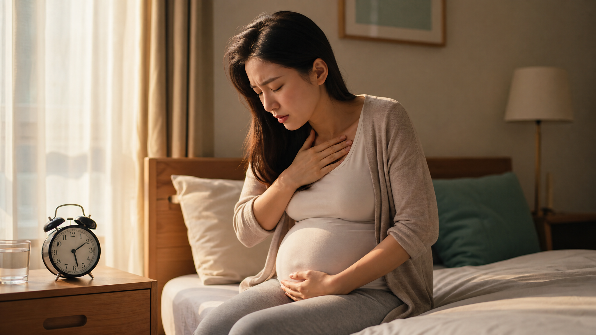 A Chinese pregnant woman sitting on the edge of the bed in the morning, looking uncomfortable and holding her chest feeling nauseous. There is an alarm clock on the bedside table. Soft morning sunlight, cozy bedroom environment, realistic photography, cinematic lighting, 8k resolution.