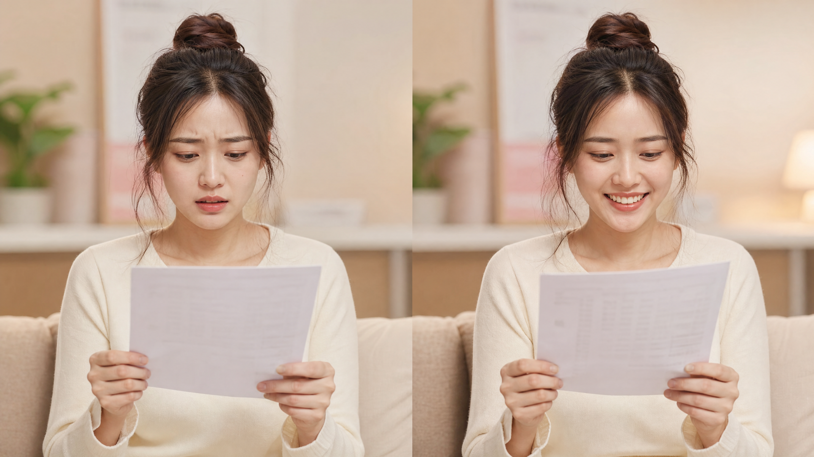 A young Chinese woman holding a medical test report, her expression transitioning from worry to a relieved and happy smile. Warm and comforting indoor lighting, healing aesthetic, soft color palette, high quality, 8k resolution, photorealistic details, cinematic lighting.