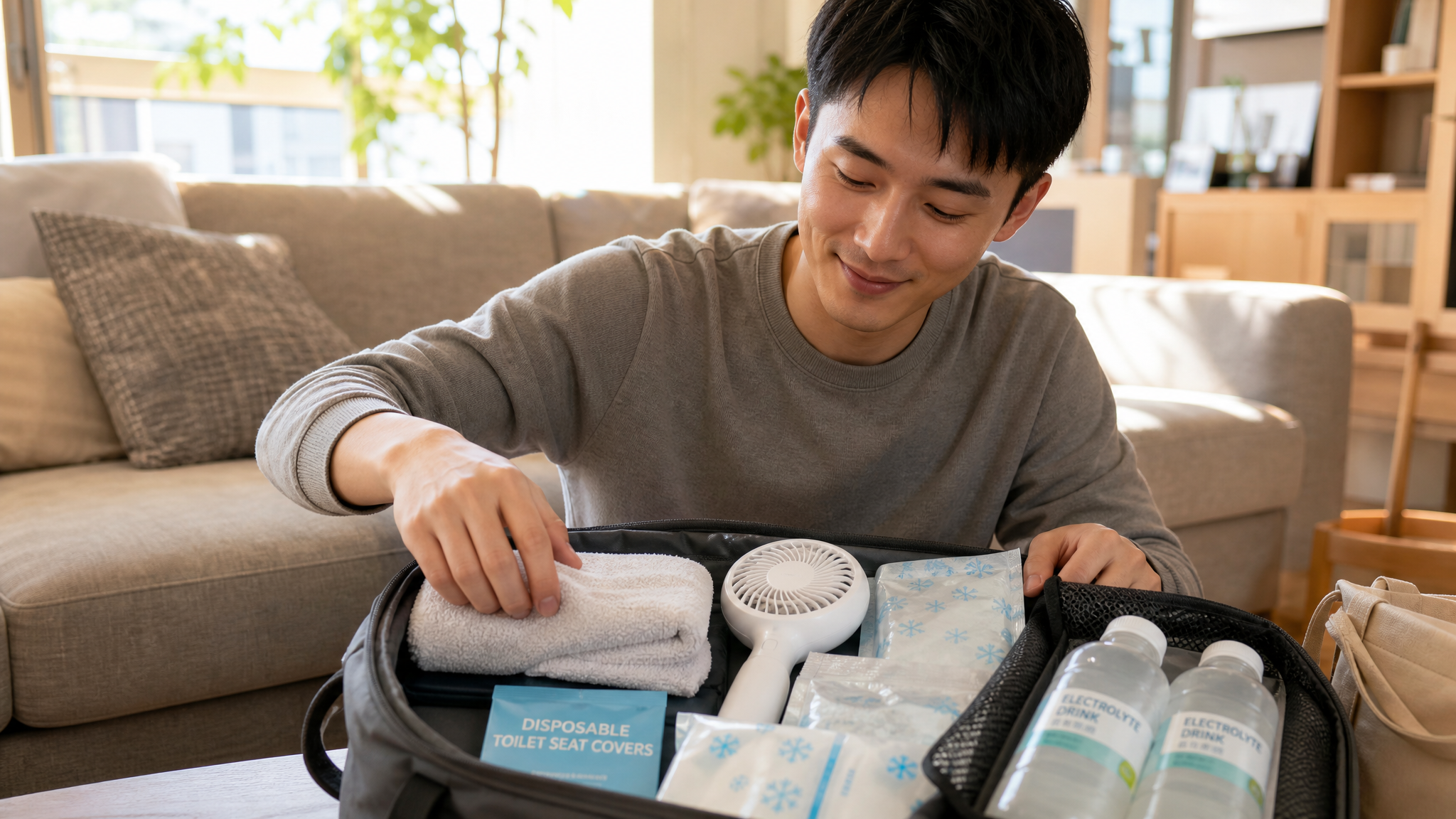 A close-up realistic shot of a young Chinese husband packing a travel bag for his pregnant wife. The bag contains a cold towel, a portable fan, ice packs, electrolyte drinks, and disposable toilet seat covers. The setting is a cozy, modern living room with warm natural light. High details, professional photography, 8k, photorealistic. --ar 16:9