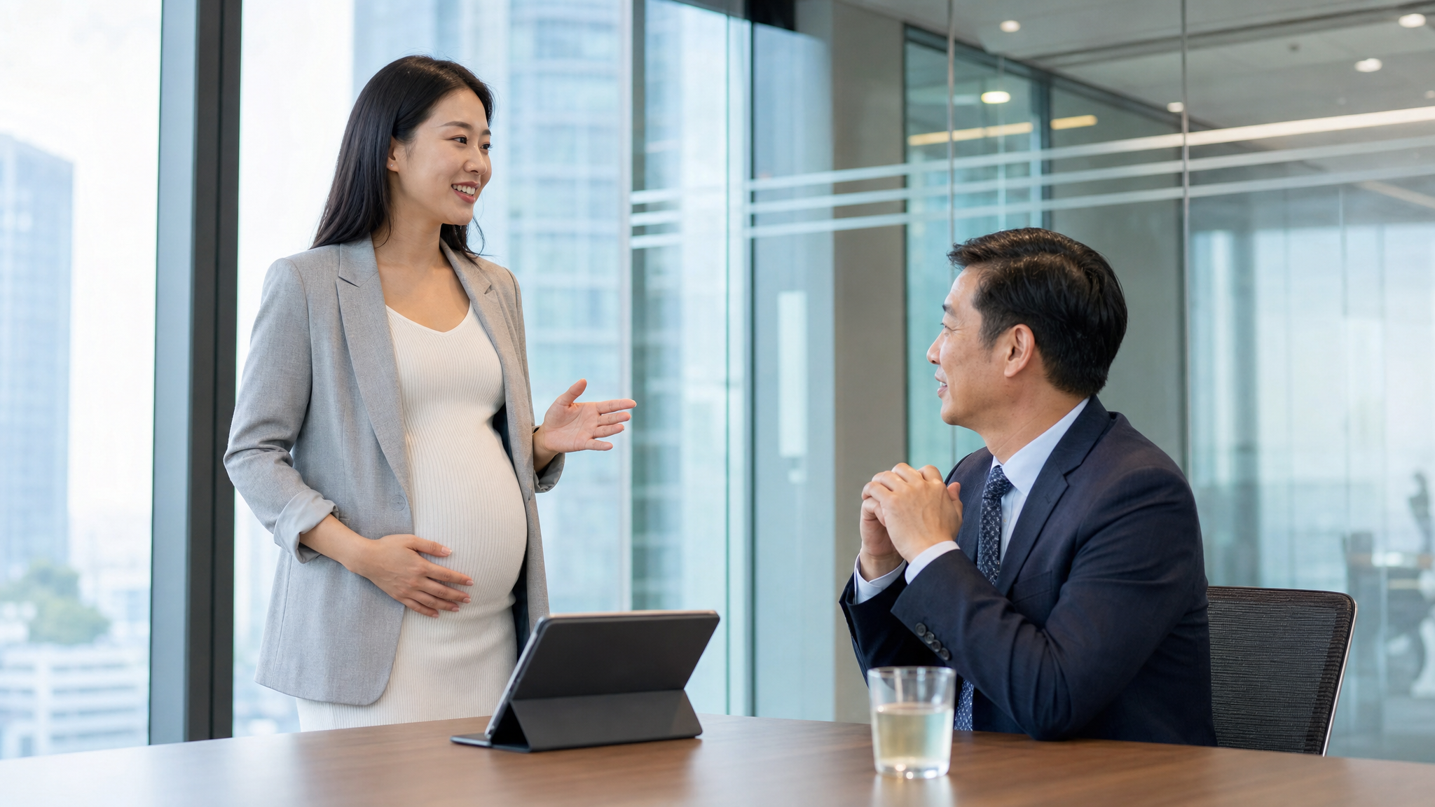 A confident Chinese pregnant woman in professional business attire, slightly showing her baby bump, smiling and talking to a middle-aged Chinese male boss in a bright, modern glass meeting room. There is a tablet and a glass of warm water on the table. Positive and relaxed atmosphere, commercial workplace photography, highly detailed.