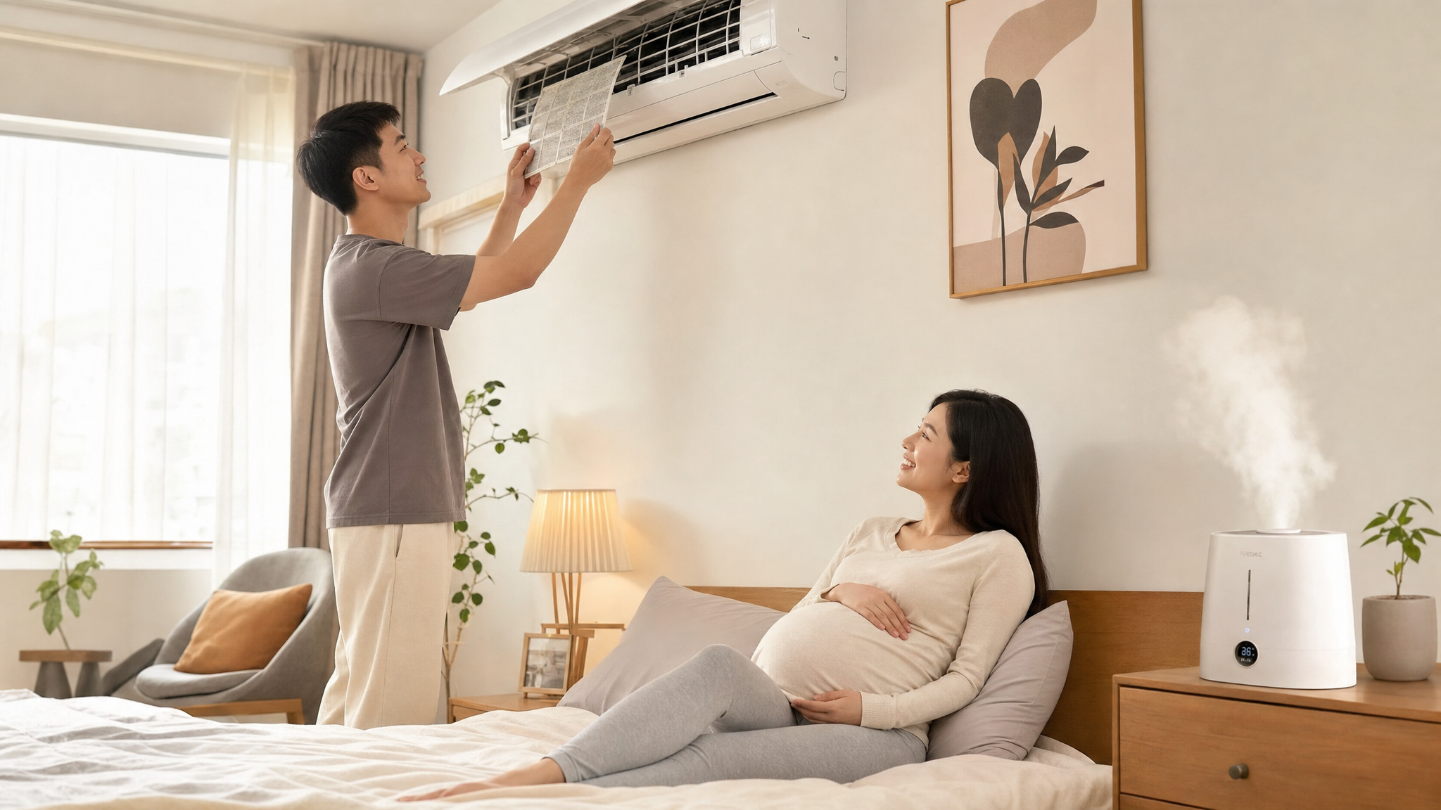 A caring Chinese husband cleaning the air conditioner filter in a bright bedroom, while his pregnant wife sits comfortably on the bed smiling at him. A humidifier is working on the bedside table. Warm home atmosphere, natural sunlight, heartwarming, high quality, photorealistic, Midjourney v6.