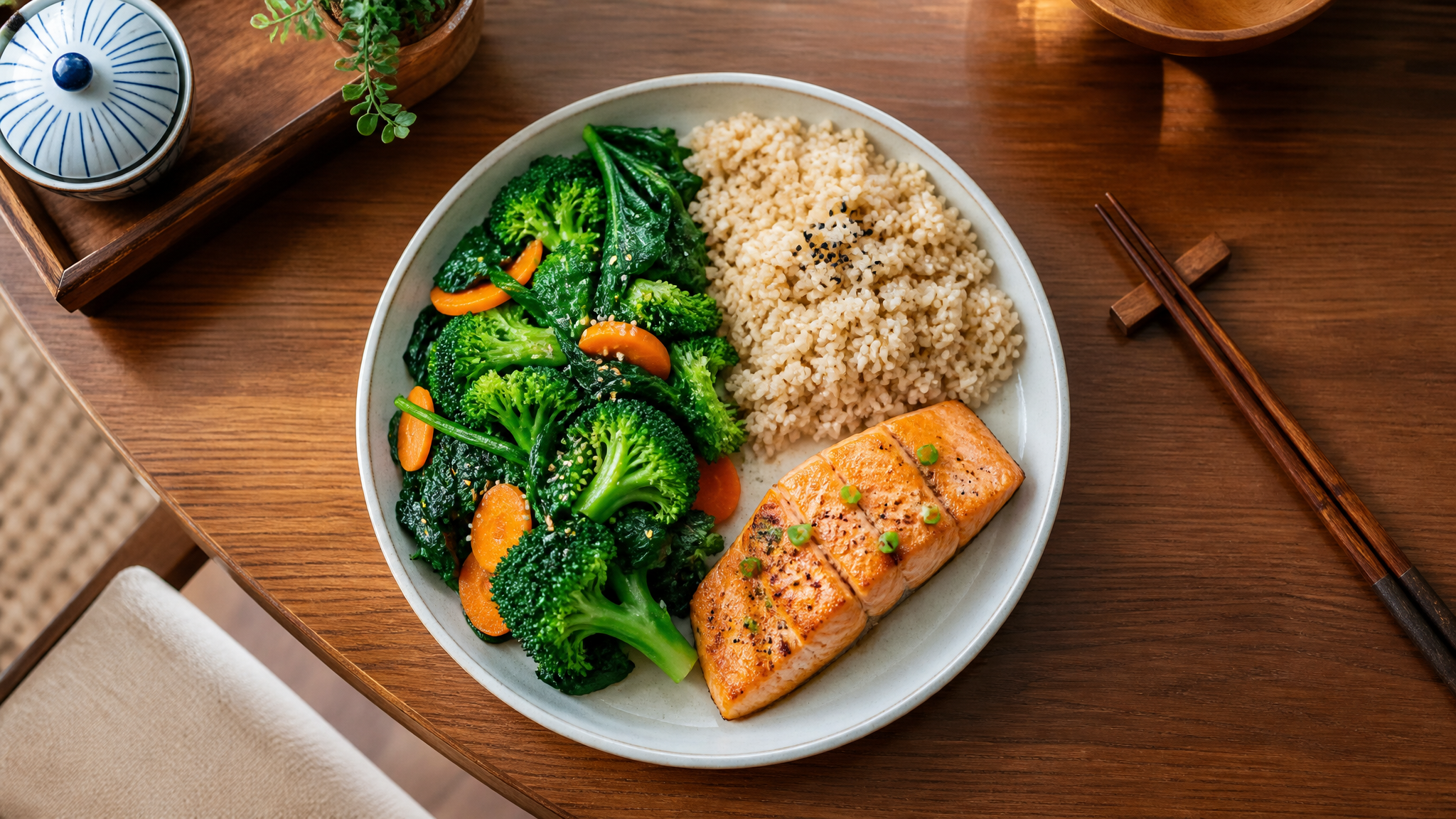 Top-down view of a healthy dinner plate for a Chinese pregnant woman, divided into three sections: half filled with fresh green vegetables (like broccoli and spinach), one quarter with brown rice, and one quarter with grilled salmon. Placed on a wooden dining table with a pair of chopsticks and a warm, inviting dining room background. Soft natural lighting, food photography style, highly detailed, 8k.