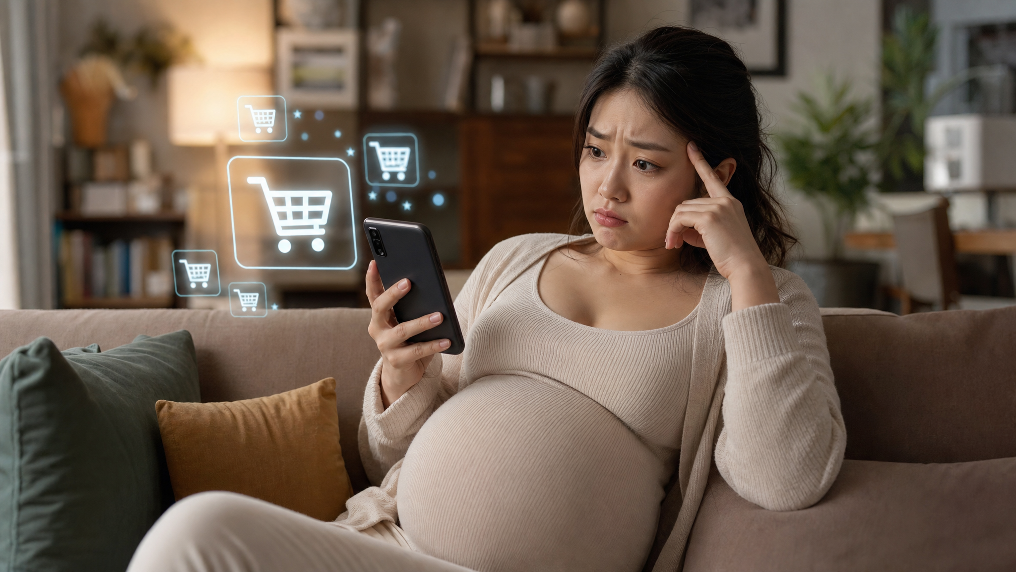 A young beautiful Chinese pregnant woman sitting on a cozy living room sofa, looking slightly stressed and confused while scrolling on her smartphone, holographic shopping cart icons floating around, soft warm indoor lighting, cinematic aesthetic, highly detailed, 8k, realistic photography. --ar 3:4