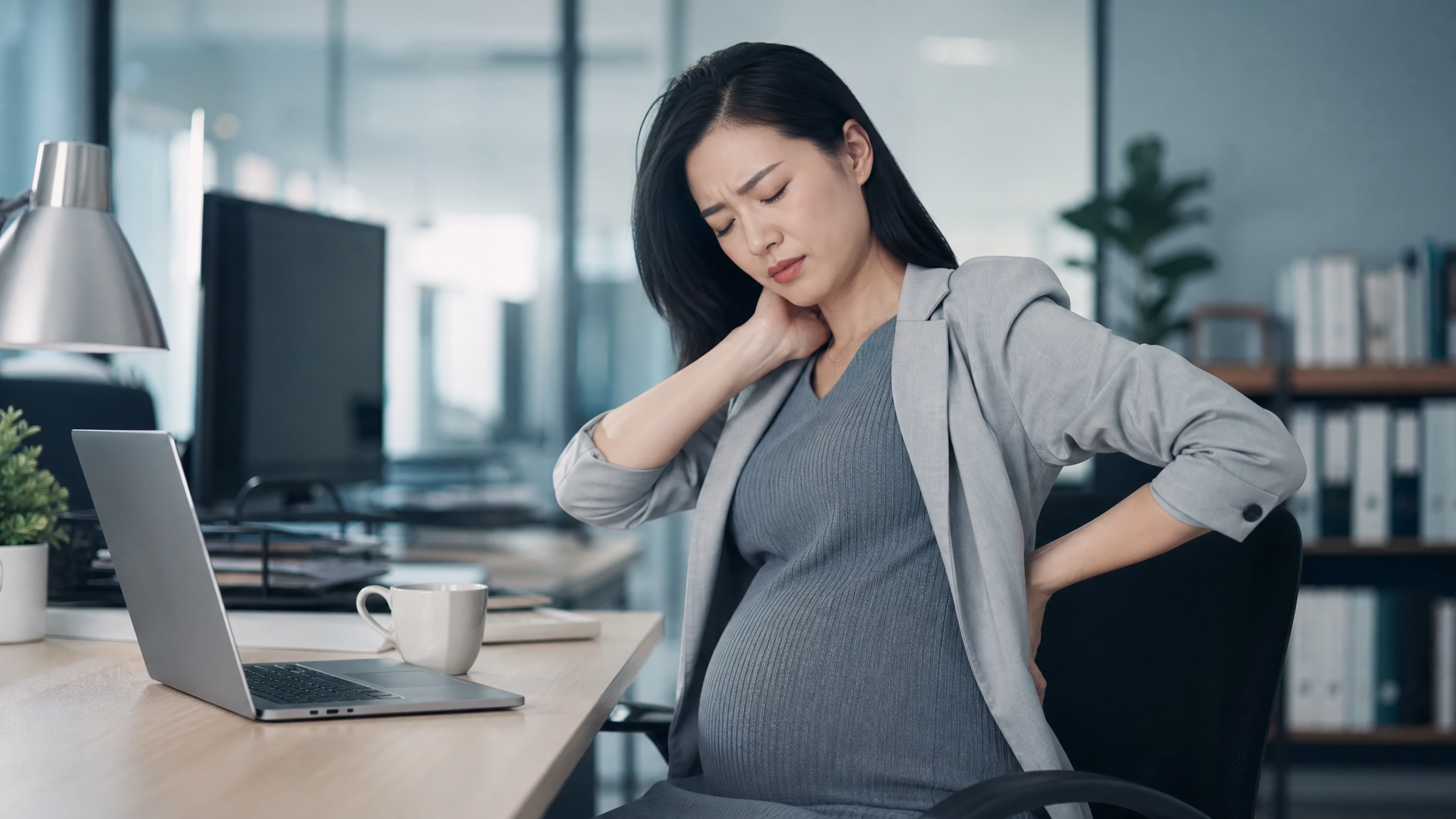 A photorealistic image of a young Chinese pregnant woman in a modern office, sitting at a desk looking tired, touching her lower back with one hand and her neck with the other, experiencing backache. She is wearing stylish, comfortable maternity office wear. Soft, natural indoor lighting, cinematic office background, high quality, 8k resolution, shot on 85mm lens, soft color grading with cool blue and grey tones. --ar 3:4