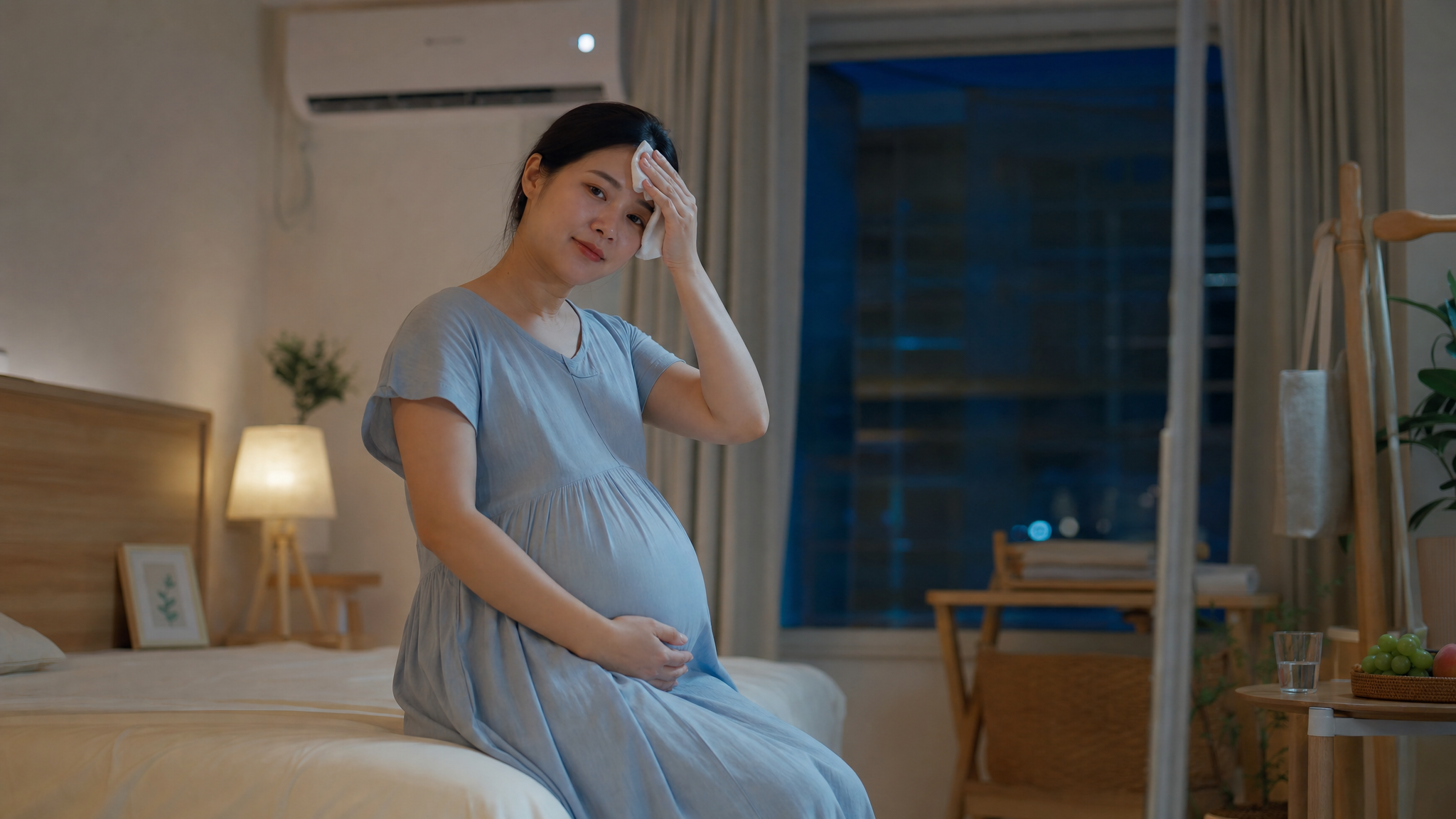 A Chinese pregnant woman sitting on the edge of a bed in a cozy bedroom during a summer night, wiping sweat from her forehead, looking slightly tired but gentle. The room has soft warm lighting, a modern air conditioner in the background, light blue and green color palette, realistic photography, 8k resolution, cinematic lighting.