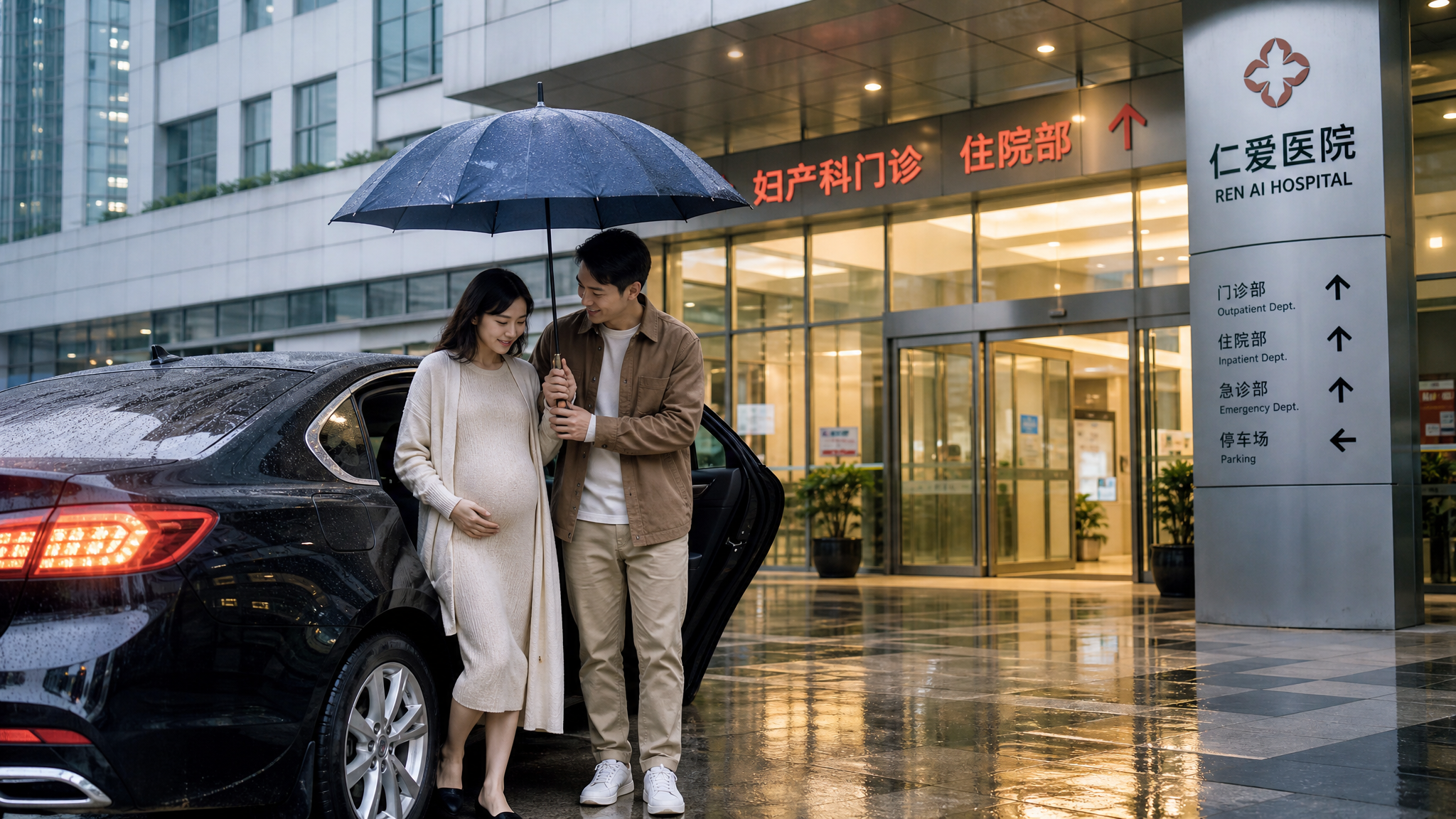 A heartwarming scene outside a modern Chinese hospital entrance. A caring Chinese husband is holding a large umbrella over his pregnant wife, gently supporting her arm as she steps out of a car. The ground is wet from rain, but they are safe under the hospital canopy. Soft cinematic lighting, realistic style, warm and healing tones, highly detailed, 8k.