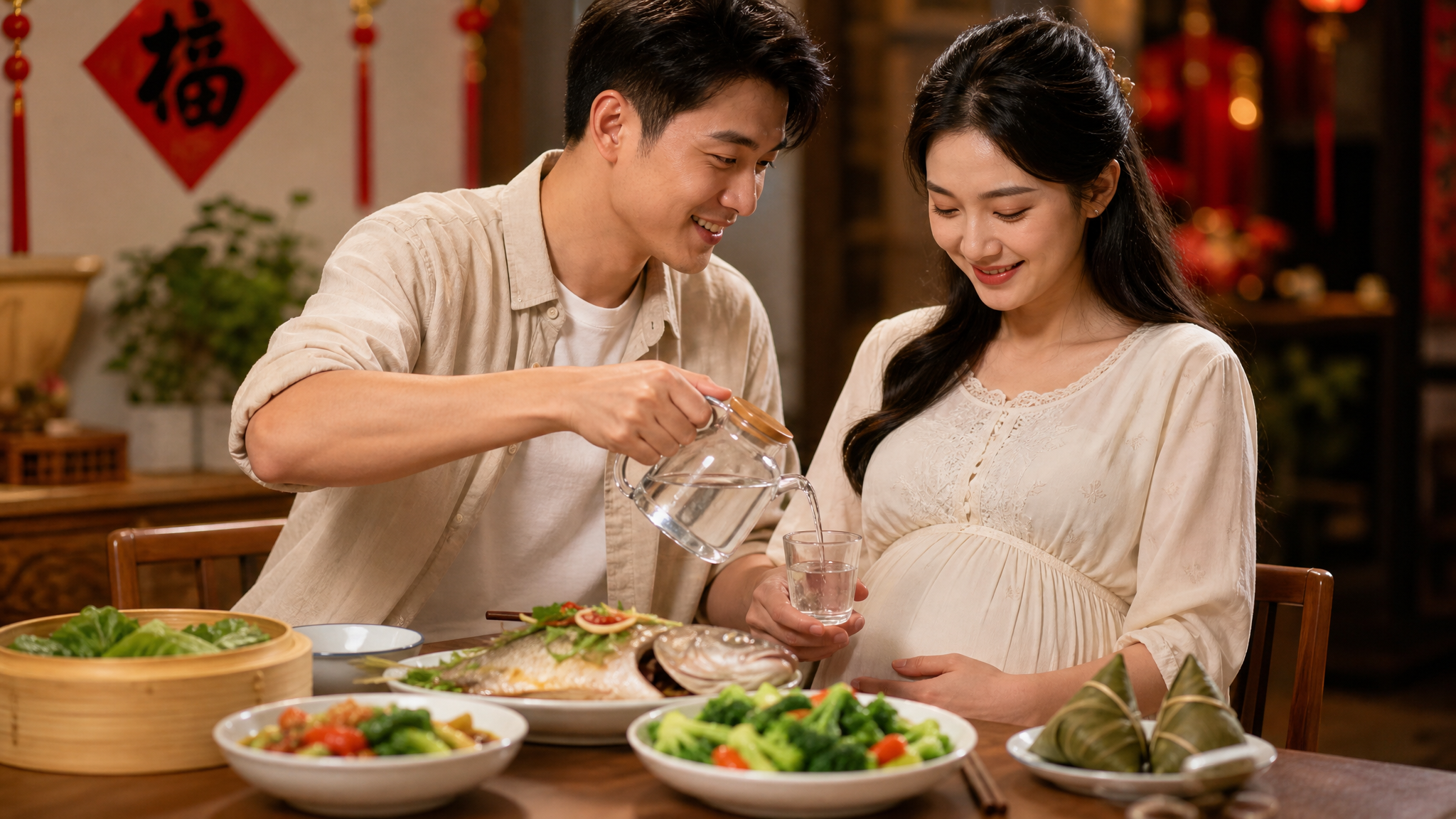 A photorealistic image of a young, loving Chinese couple at a festive dining table. The husband is gently pouring a glass of warm water for his pregnant wife, who is smiling gently. The table has healthy food like vegetables and steamed fish, with a small traditional Zongzi on the side. Warm, cinematic lighting, joyful and caring atmosphere, 8k resolution, highly detailed.