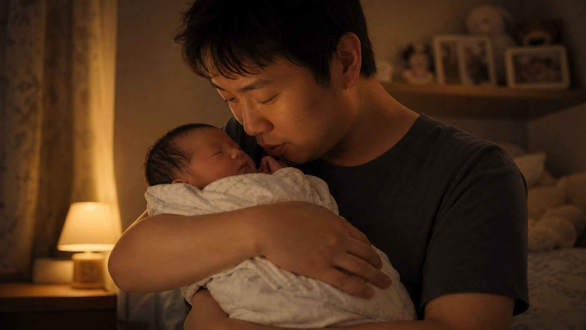 A heartwarming scene of a young Chinese father holding a sleeping newborn baby in his arms, whispering softly. The room has soft night light, creating a peaceful and safe atmosphere. The father looks incredibly gentle. High realism, emotional portrait, soft shadows, 8k, masterpiece.