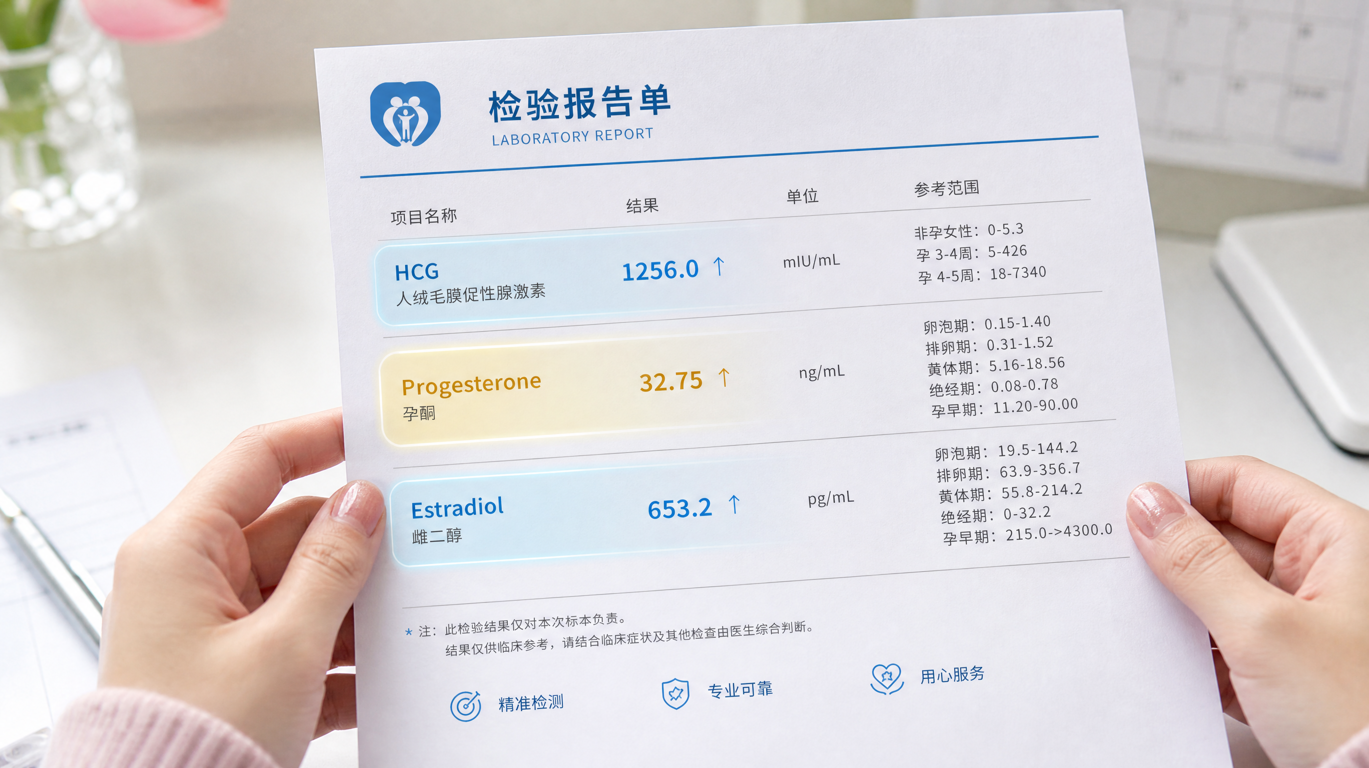 Close up of a medical blood test report held by a young Chinese woman's hands, highlighting HCG, Progesterone, and Estradiol with glowing medical blue and warm yellow markers, clean white table background, soft lighting, professional and reassuring aesthetic, photorealistic --ar 4:3