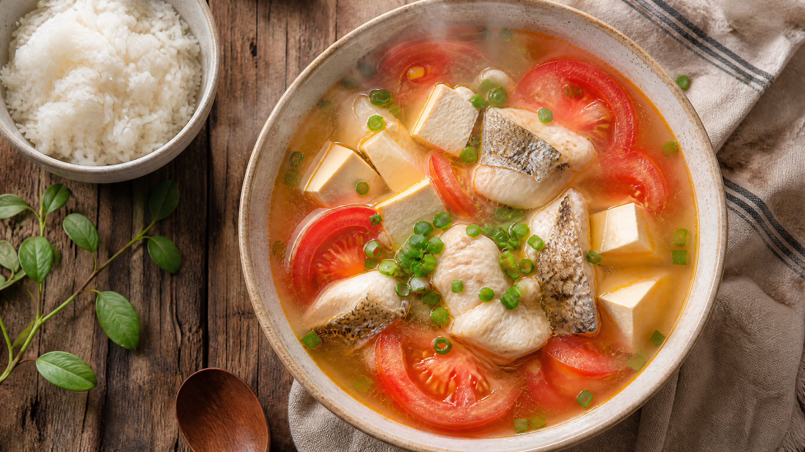 A beautifully styled food photography of a bowl of clear tomato tofu fish soup on a wooden table, light and refreshing color palette, warm steam rising, accompanied by a small portion of rice. Cozy and healing atmosphere, top-down angle, soft studio lighting, highly detailed, food commercial style, 8k.