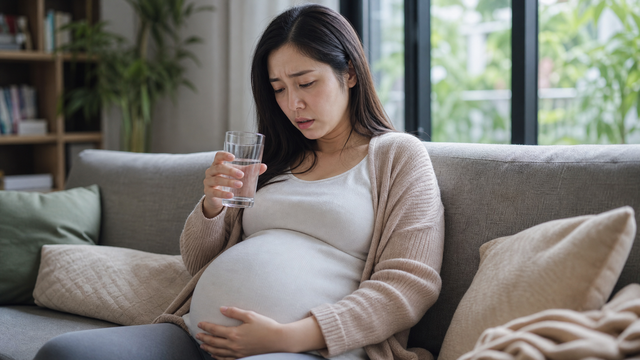 A young Chinese pregnant woman sitting on a cozy living room sofa, looking pale and exhausted, holding a glass of water with a slight frown, experiencing morning sickness. Soft natural indoor lighting, realistic photography, cinematic lighting, 8k resolution, highly detailed, empathetic and warm tone. --ar 3:4