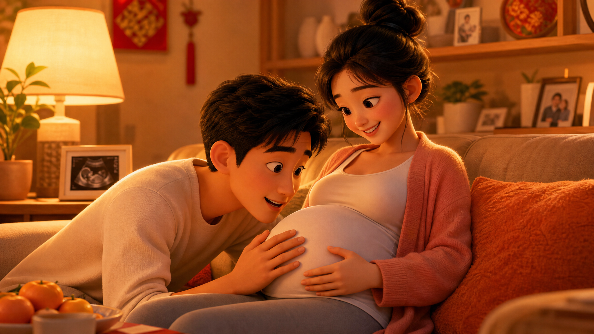 A warm orange toned illustration of a loving young Chinese couple, the expectant father is gently leaning close to the mother's pregnant belly, whispering softly with a happy smile. The mother is smiling beautifully, sitting on a cozy sofa. Soft indoor lighting, cozy atmosphere, high quality, Pixar 3D style, warm colors, detailed expressions.