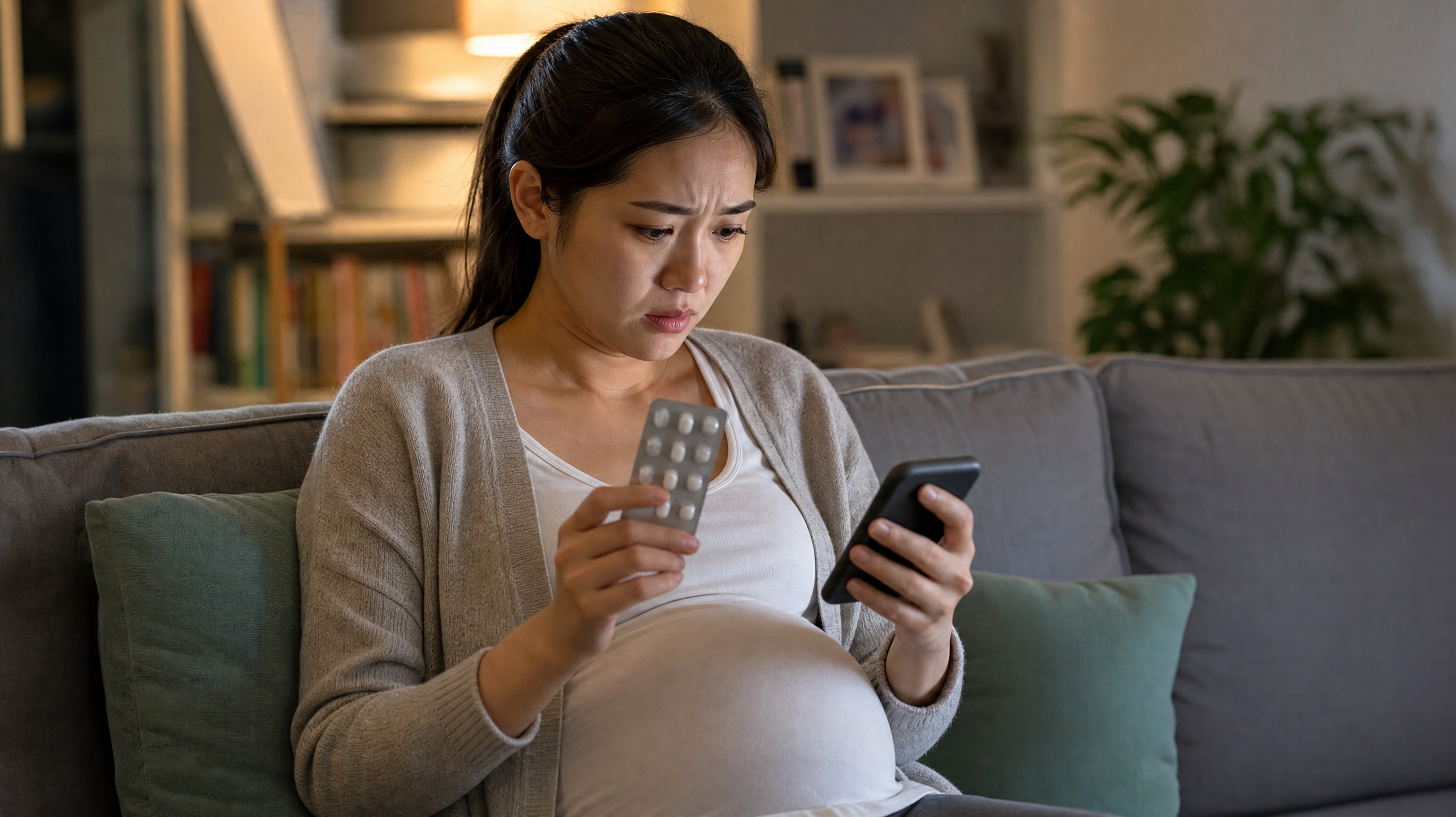 A realistic photo of an anxious Chinese pregnant woman holding a medicine blister pack in her cozy living room, looking worried at her smartphone screen. Warm indoor lighting, cinematic composition, high resolution, 8k, photorealistic, emotional storytelling.