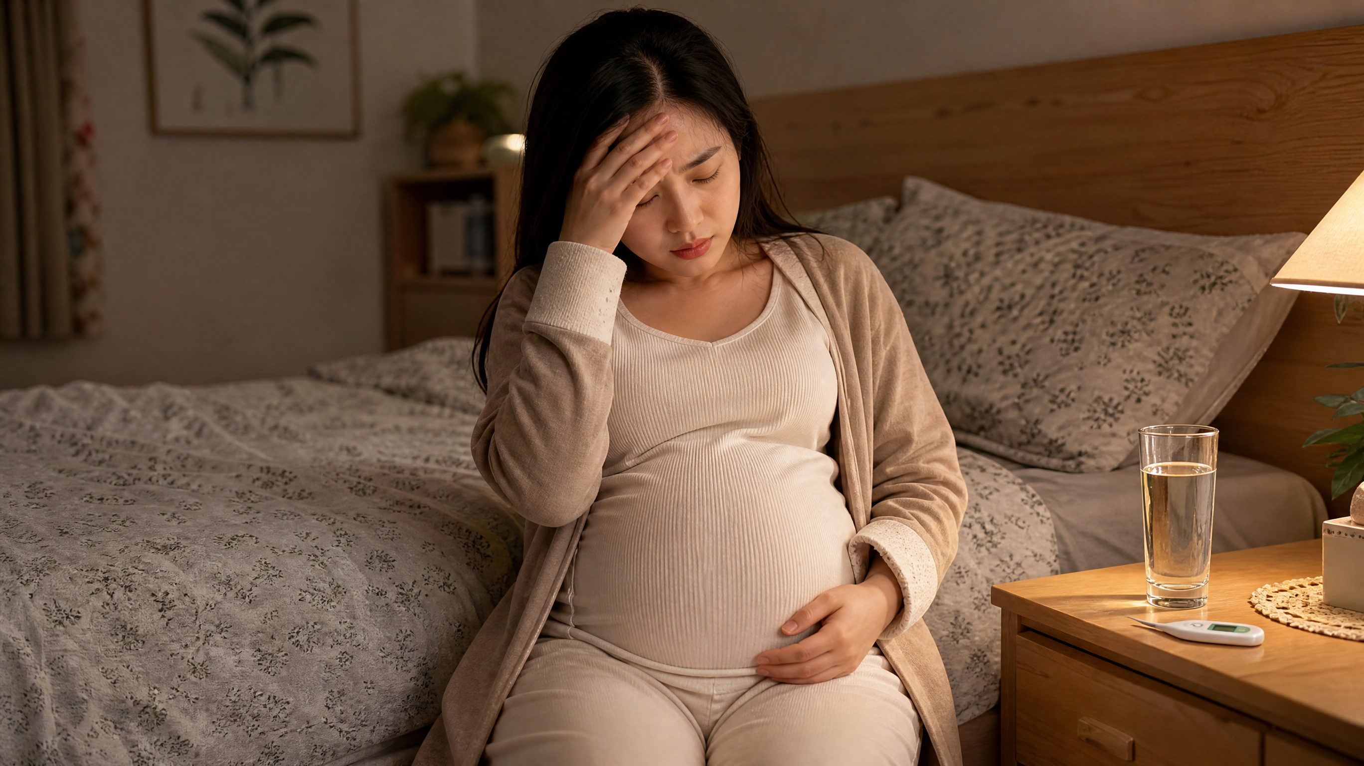 A young Chinese pregnant woman sitting on the edge of a cozy bedroom bed, holding her forehead with her hand, looking uncomfortable and weak from a fever. A thermometer and a glass of warm water are on the bedside table. Soft warm indoor lighting, cinematic texture, realistic style, 8k resolution, highly detailed.