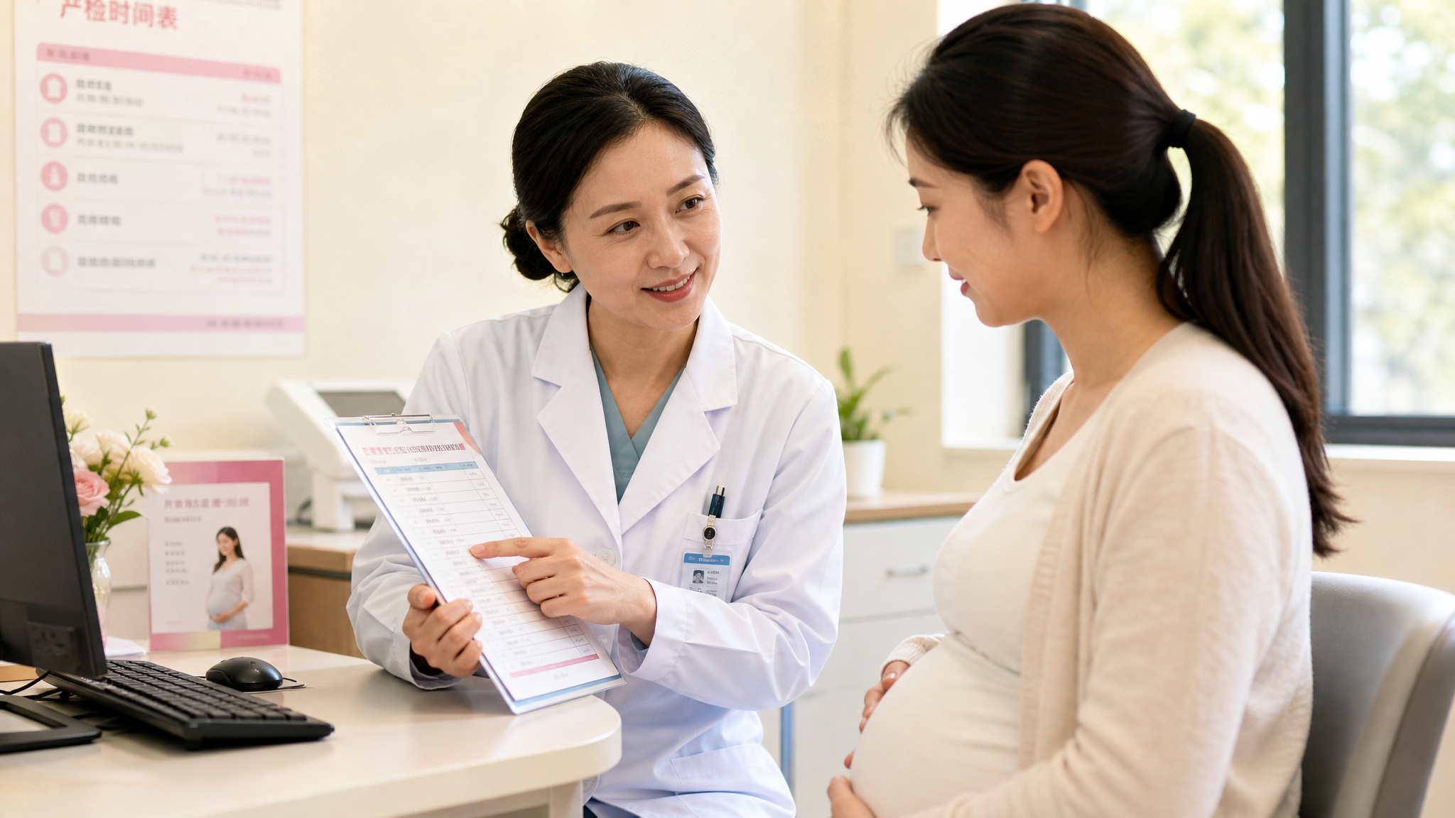 A professional Chinese female obstetrician in a white coat, gently explaining a medical schedule to a pregnant woman, bright and clean hospital consultation room, natural sunlight, reassuring atmosphere, highly detailed, 8k, photography.