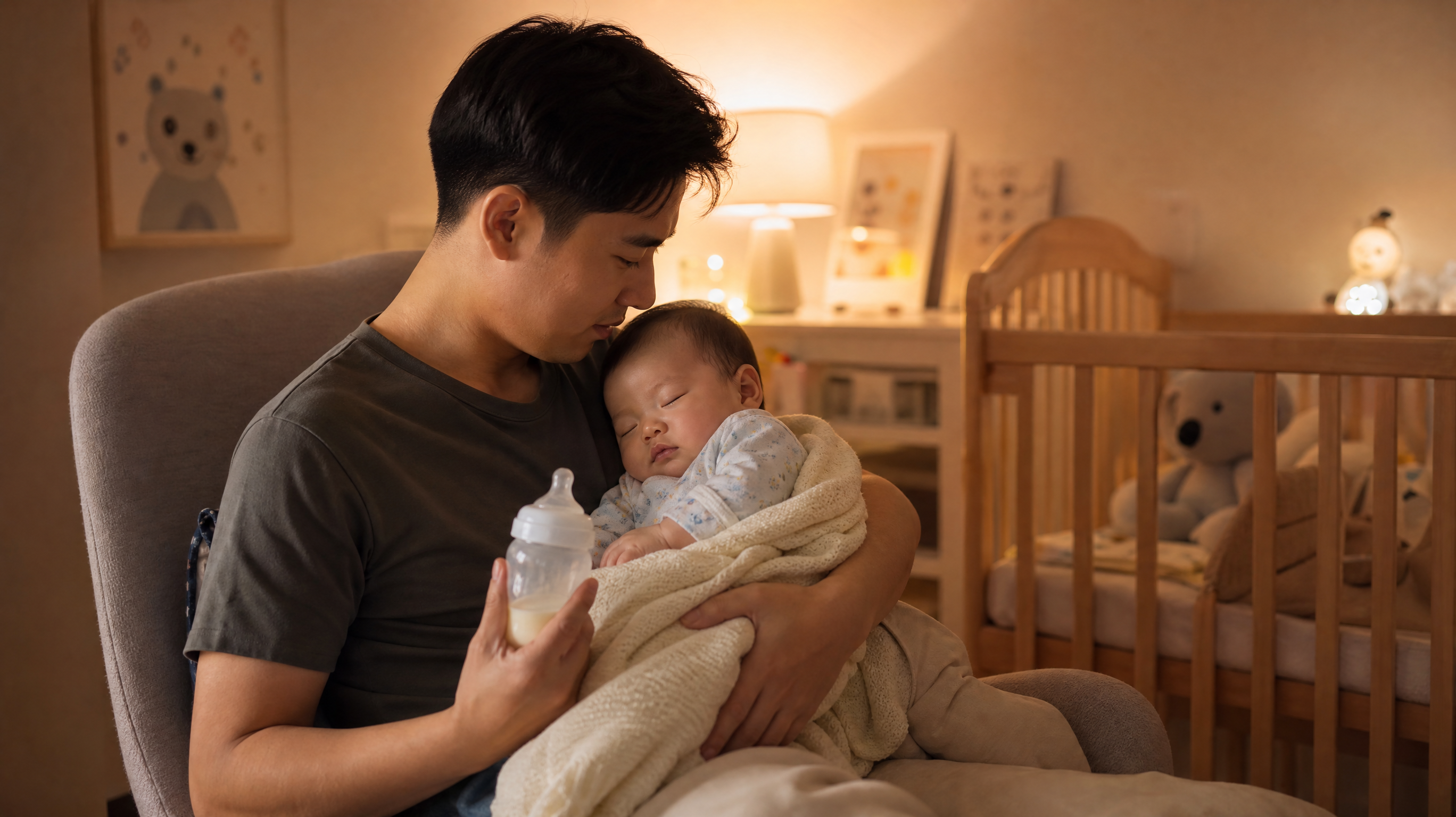 A heartwarming scene of a young Chinese father gently holding and soothing a sleeping baby in a cozy nursery. Soft warm nightlight, the father looks reliable and loving, holding a baby bottle in one hand, modern Chinese home interior, highly detailed, photorealistic, Midjourney v6 style.