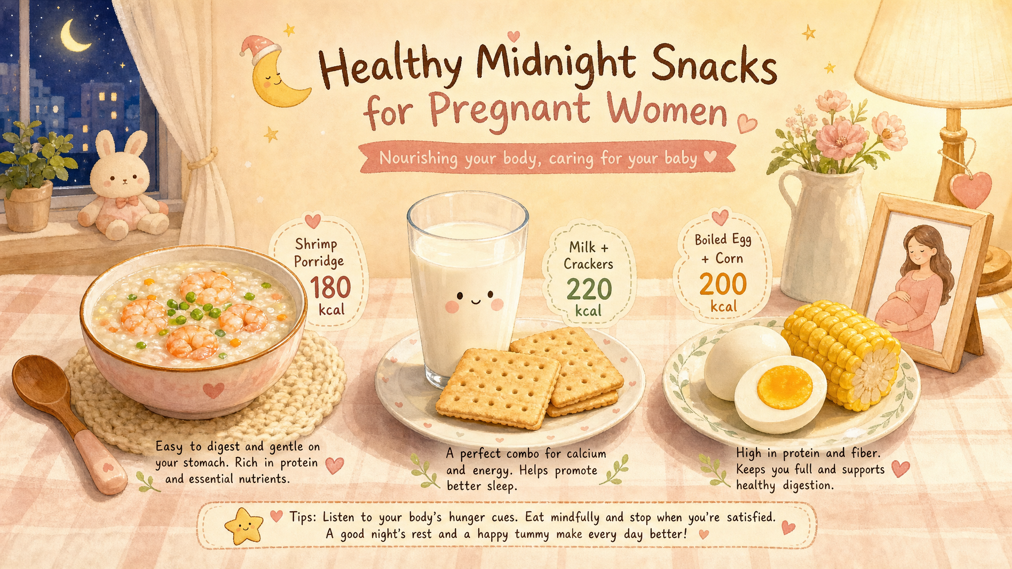 A set of cute and healing food illustrations showing healthy midnight snacks for pregnant women, including a bowl of shrimp porridge, a glass of milk with crackers, and a boiled egg with half a corn, small calorie sticker labels next to each food, warm tones, clean background, high resolution, Studio Ghibli style, 8k --ar 3:4