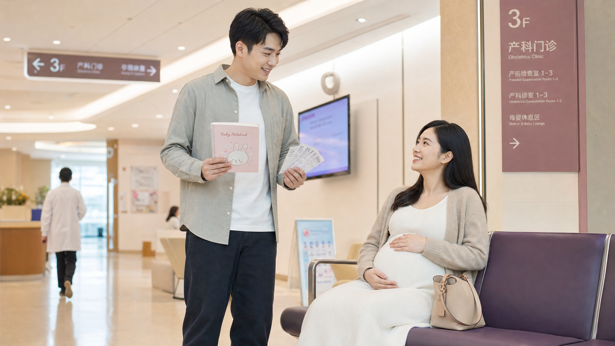 A caring Chinese husband holding a cute notebook and hospital queuing tickets, running errands in a modern hospital, while his beautiful pregnant wife sits comfortably on a waiting chair smiling at him, warm and loving atmosphere, soft pastel color grading, highly detailed, 8k, photorealistic.