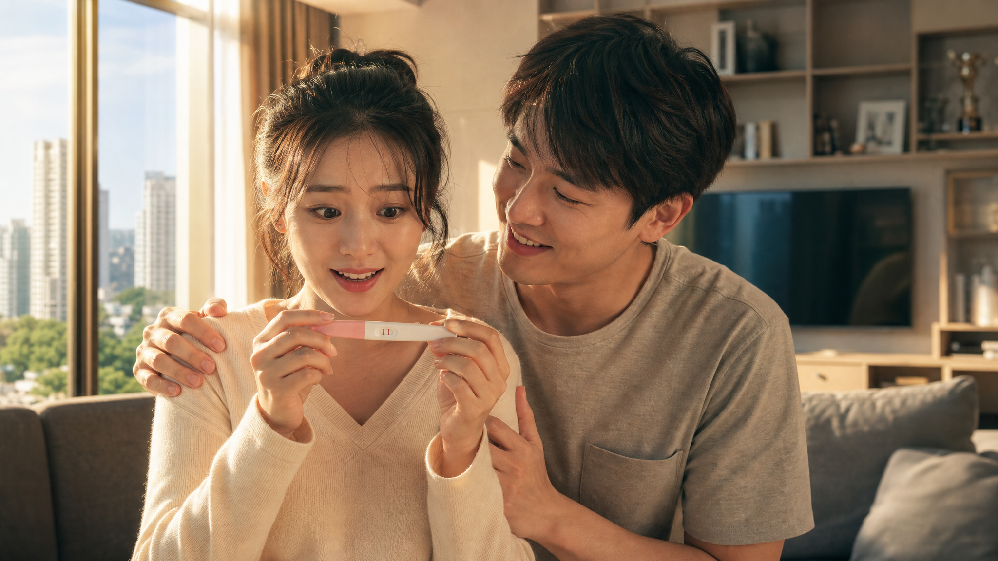 A young Chinese couple in a cozy modern living room, the wife is holding a pregnancy test with two red lines, looking excited but slightly nervous, the husband is hugging her shoulders with a reassuring and supportive smile, warm morning sunlight streaming through the window, cinematic lighting, ultra-realistic, 8k resolution, shot on 35mm lens.