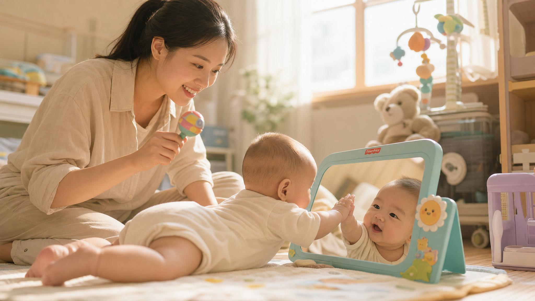 A gentle Chinese mother sitting on a nursery floor, smiling and shaking a colorful rattle toy next to a baby-safe mirror. A 4-month-old Chinese baby is lying on their tummy, lifting their head high to look at the mirror, reaching out one tiny hand to touch the reflection. Warm sunlight filtering through the window, cinematic lighting, maternal love, hyper-realistic, ultra-detailed. --ar 4:3