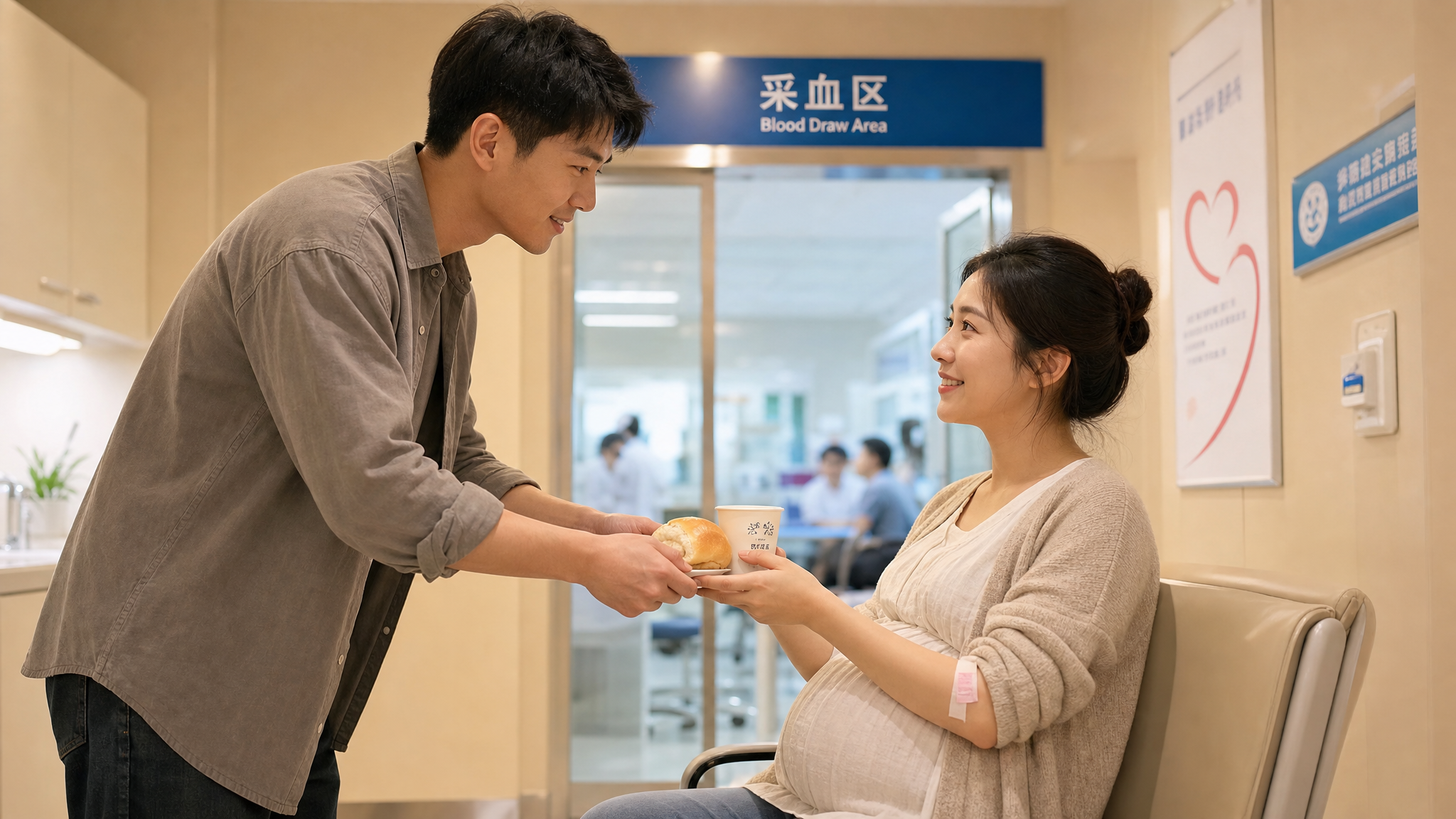 在医院抽血区外,一位中国准爸爸正关切地递给刚抽完血的中国孕妇一块小面包和一杯温水,孕妇坐在椅子上微笑着接过。两人互动充满爱意,医院背景虚化,柔和的室内光线,温馨感人,高细节,8k。