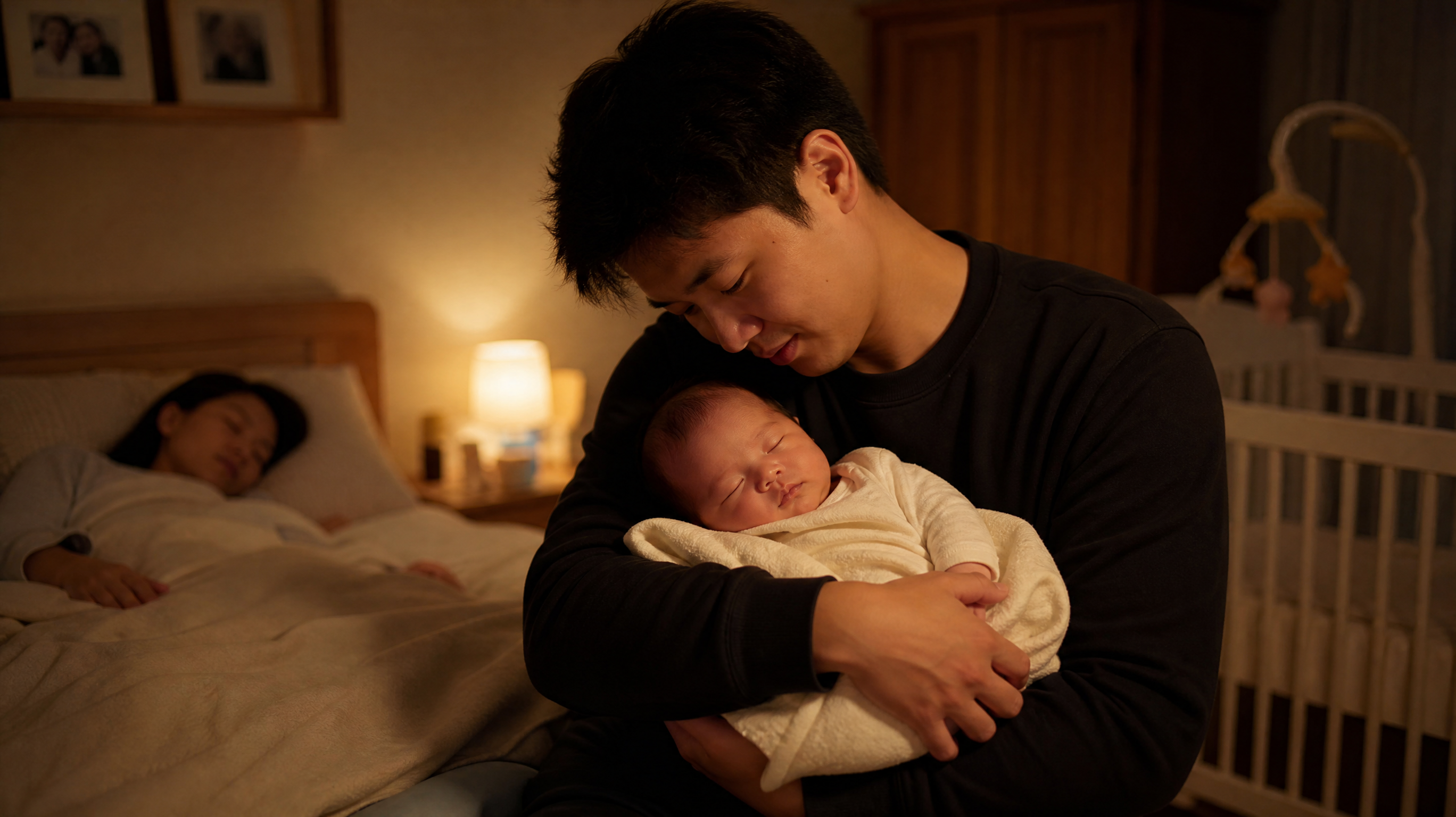 A warm, realistic photo of a Chinese father gently holding and comforting a sleeping newborn baby in a cozy nursery at night, while the mother is sleeping peacefully in the background bed, soft warm night light, emotional family moment, high quality, cinematic lighting. --ar 3:4 --v 6.0