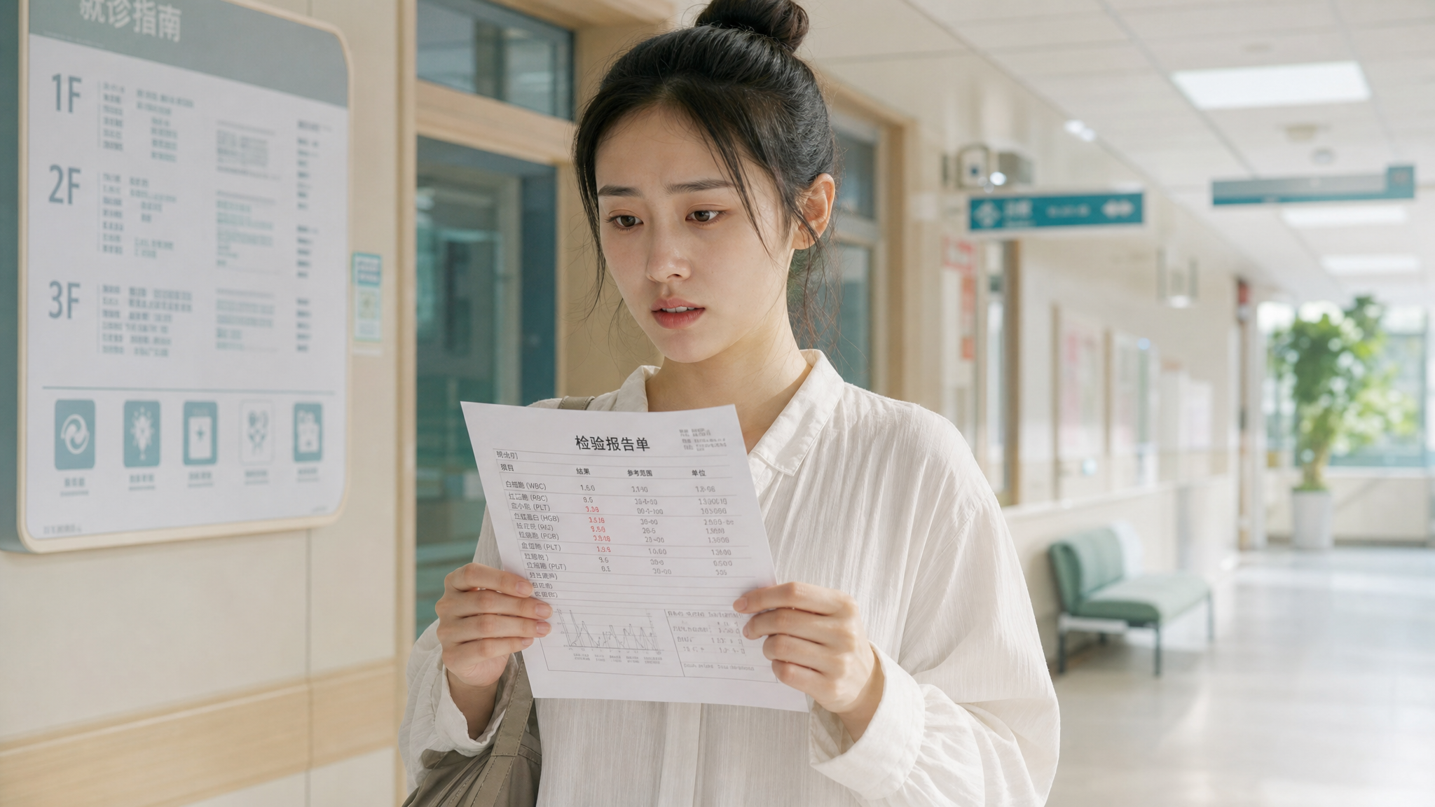 A young Chinese woman standing in a bright, modern hospital corridor, holding a medical blood test report, looking slightly anxious but hopeful, soft natural lighting, cinematic photography, highly detailed, realistic, 8k resolution --ar 3:4