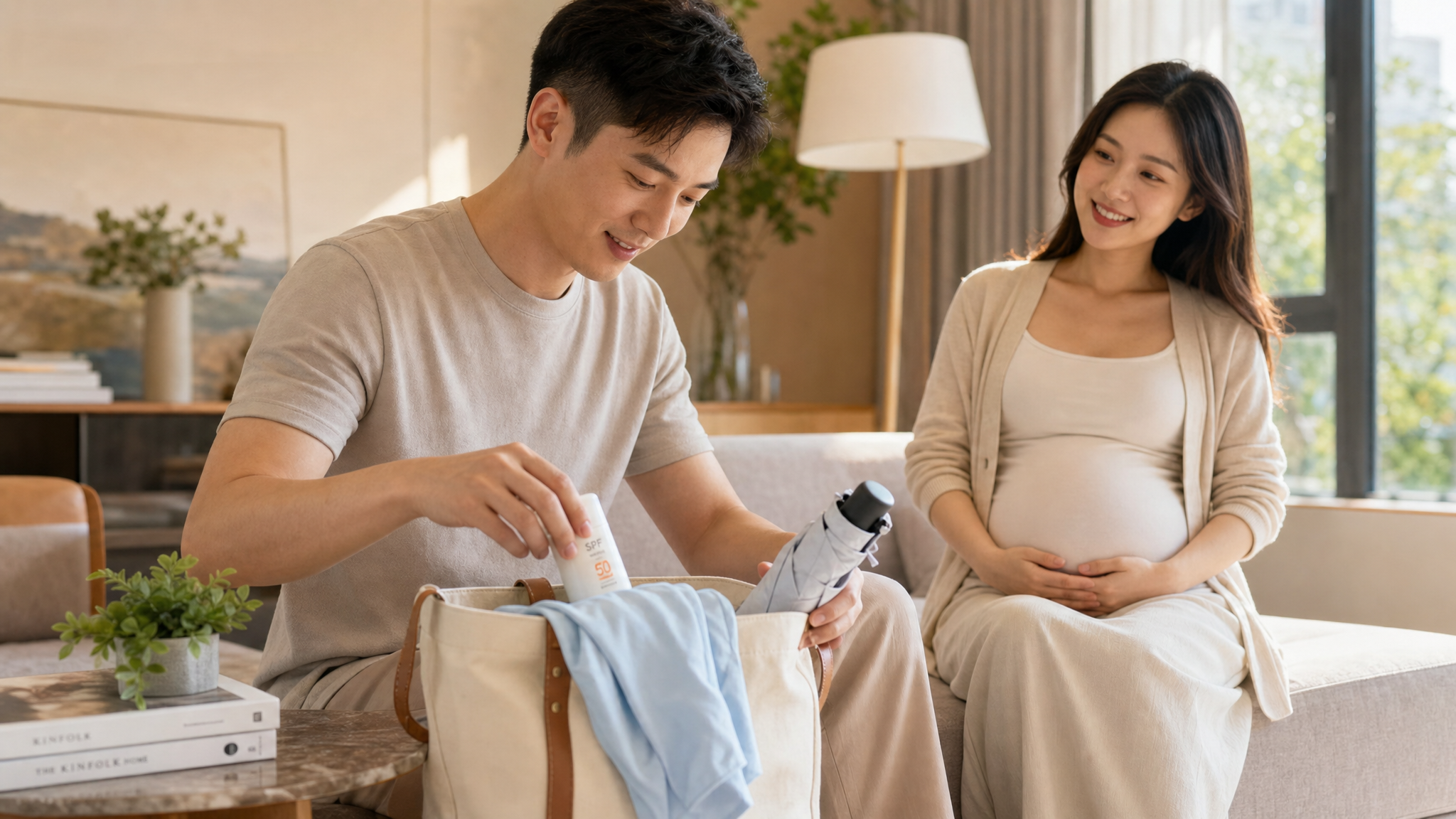 A heartwarming scene in a bright living room. A caring young Chinese husband is meticulously packing a small