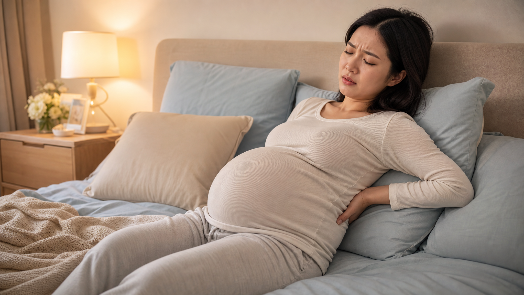 A high-quality realistic illustration of a Chinese pregnant woman in her third trimester lying in bed, looking tired and uncomfortable, holding her lower back. Soft warm indoor lighting, cozy bedroom setting, pastel colors, soft beige and light blue tones. Highly detailed, 8k resolution, cinematic lighting.