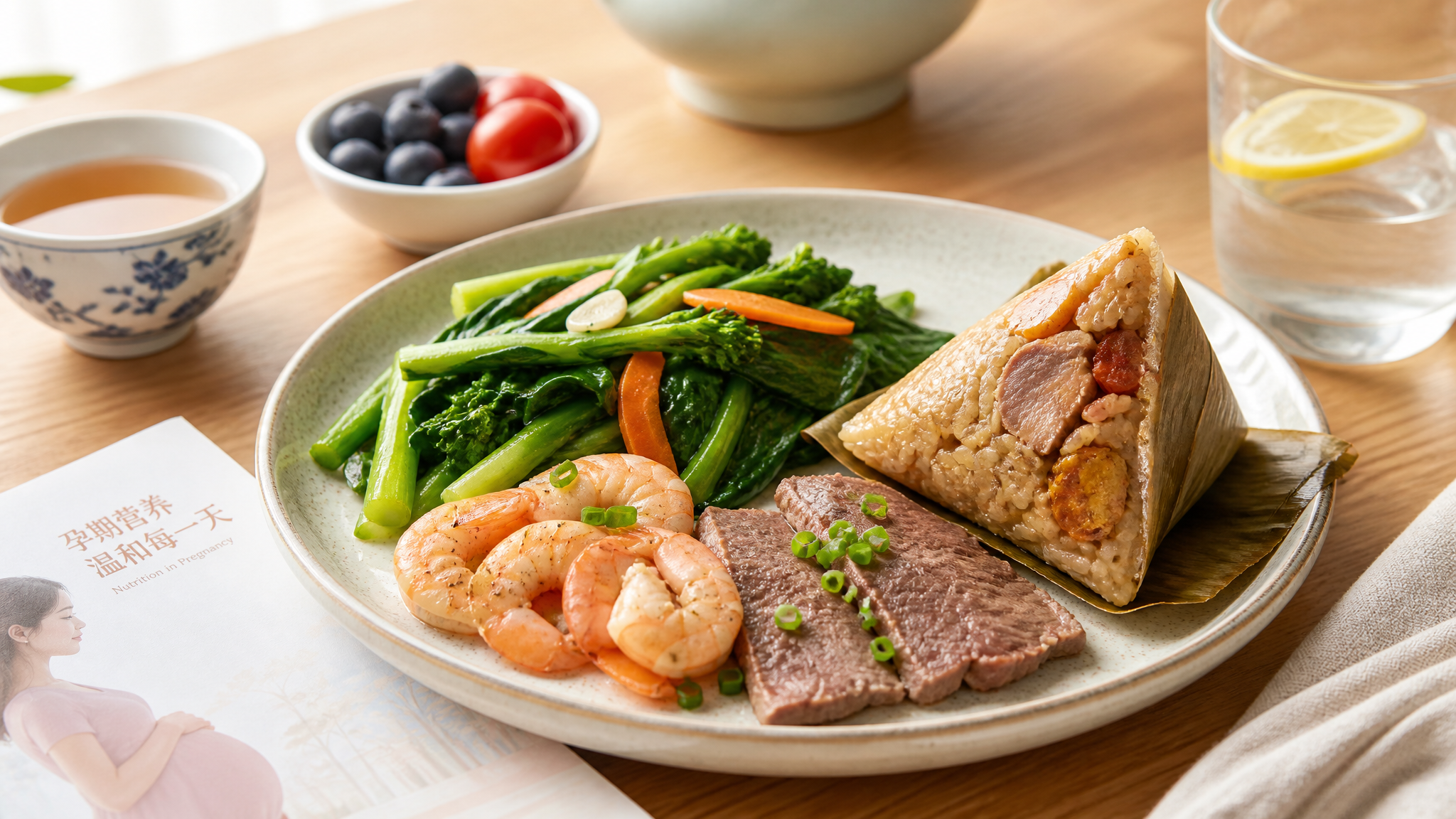 A well-balanced meal for a pregnant woman on a light wooden table. A plate with half a traditional Chinese Zongzi, a large portion of fresh green vegetables, and some lean protein like beef or shrimp. Bright food photography, appetizing, warm natural light, high quality, shallow depth of field.