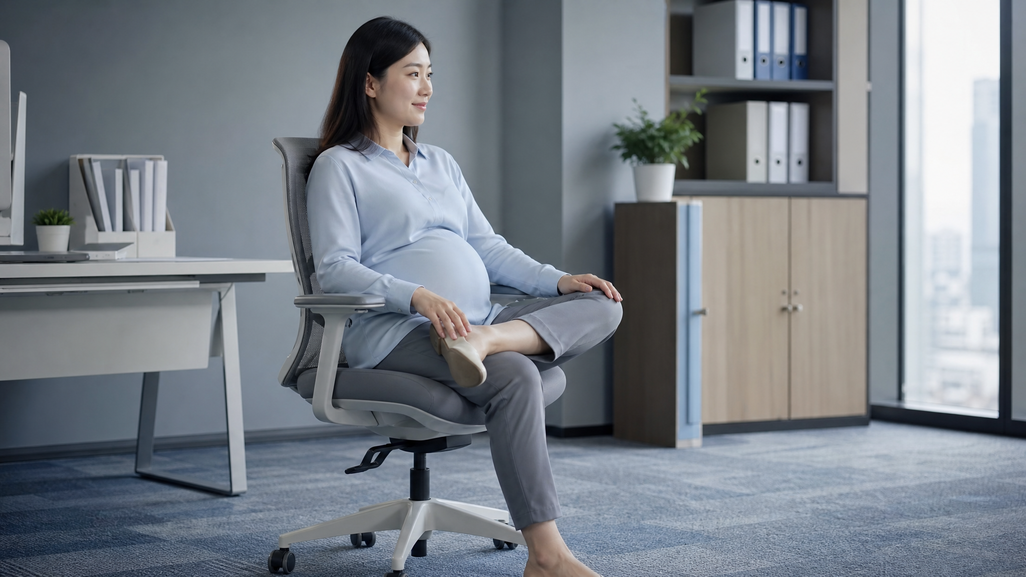 A photorealistic image of a young Chinese pregnant woman sitting on an ergonomic office chair, doing a piriformis stretch by placing one ankle over the opposite knee, keeping her back straight. Clean modern office setting, soft cinematic lighting, professional photography, focus on posture, light blue and grey tones, 8k resolution. --ar 3:4