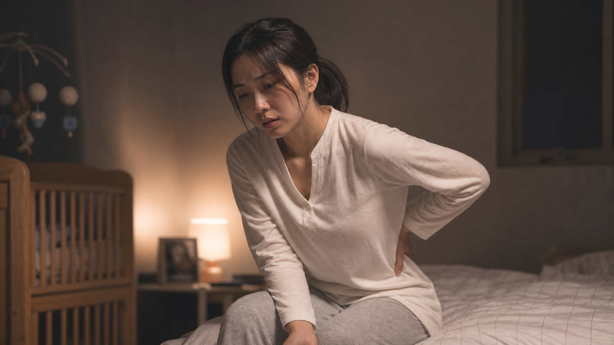 A realistic photography of a young Chinese mother sitting on the edge of a bed in a dimly lit bedroom, looking tired and anxious while holding her lower back, soft warm indoor lighting, emotional portrait, high resolution, cinematic lighting, shot on 35mm lens. --ar 3:4 --v 6.0