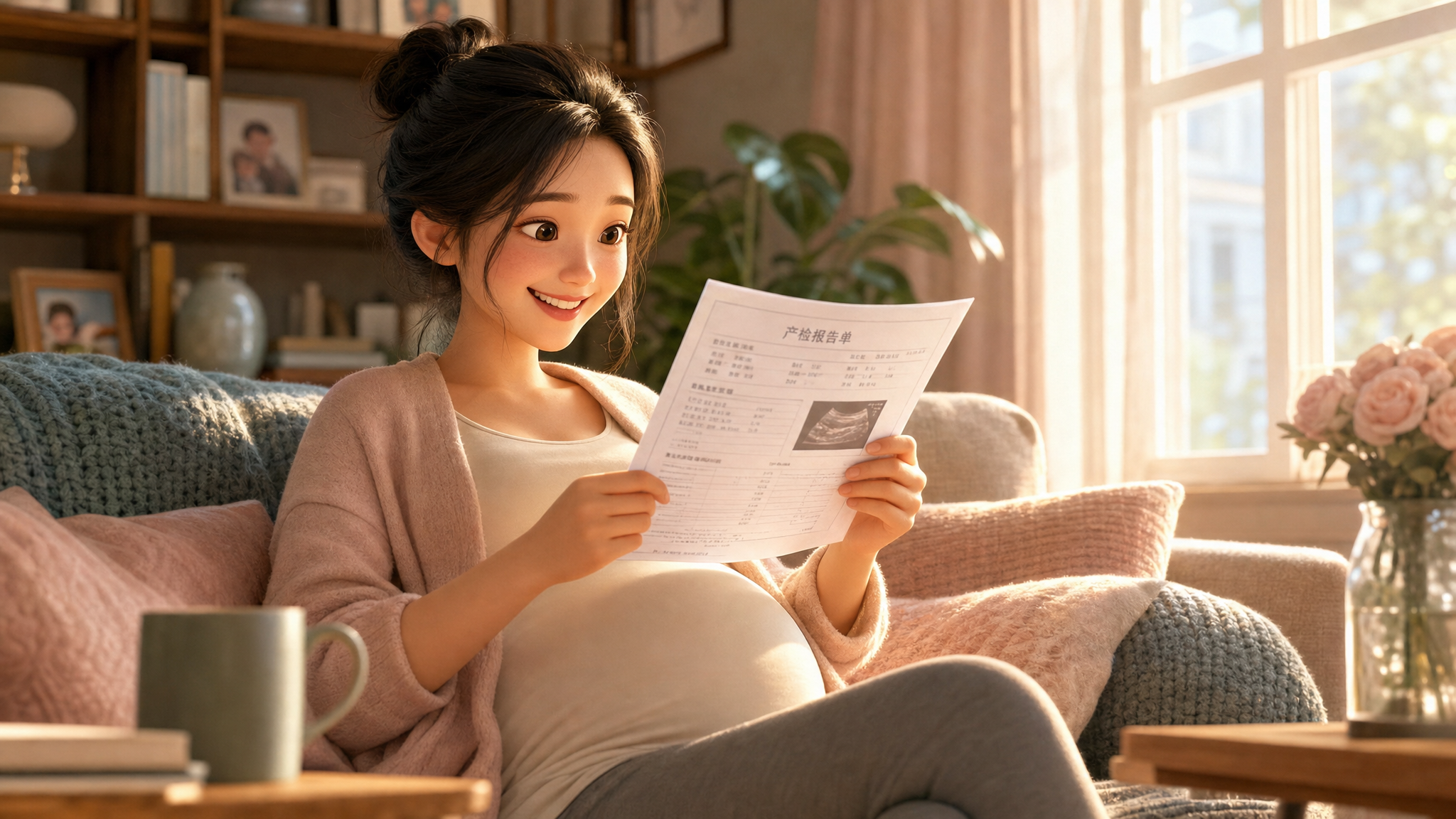 A warm and comforting illustration of a young Chinese pregnant woman sitting on a cozy sofa, holding a medical report with a relieved and happy smile. Soft pastel colors, warm sunlight filtering through a window, highly detailed, Pixar 3D style, cinematic lighting, 8k resolution, comforting atmosphere.