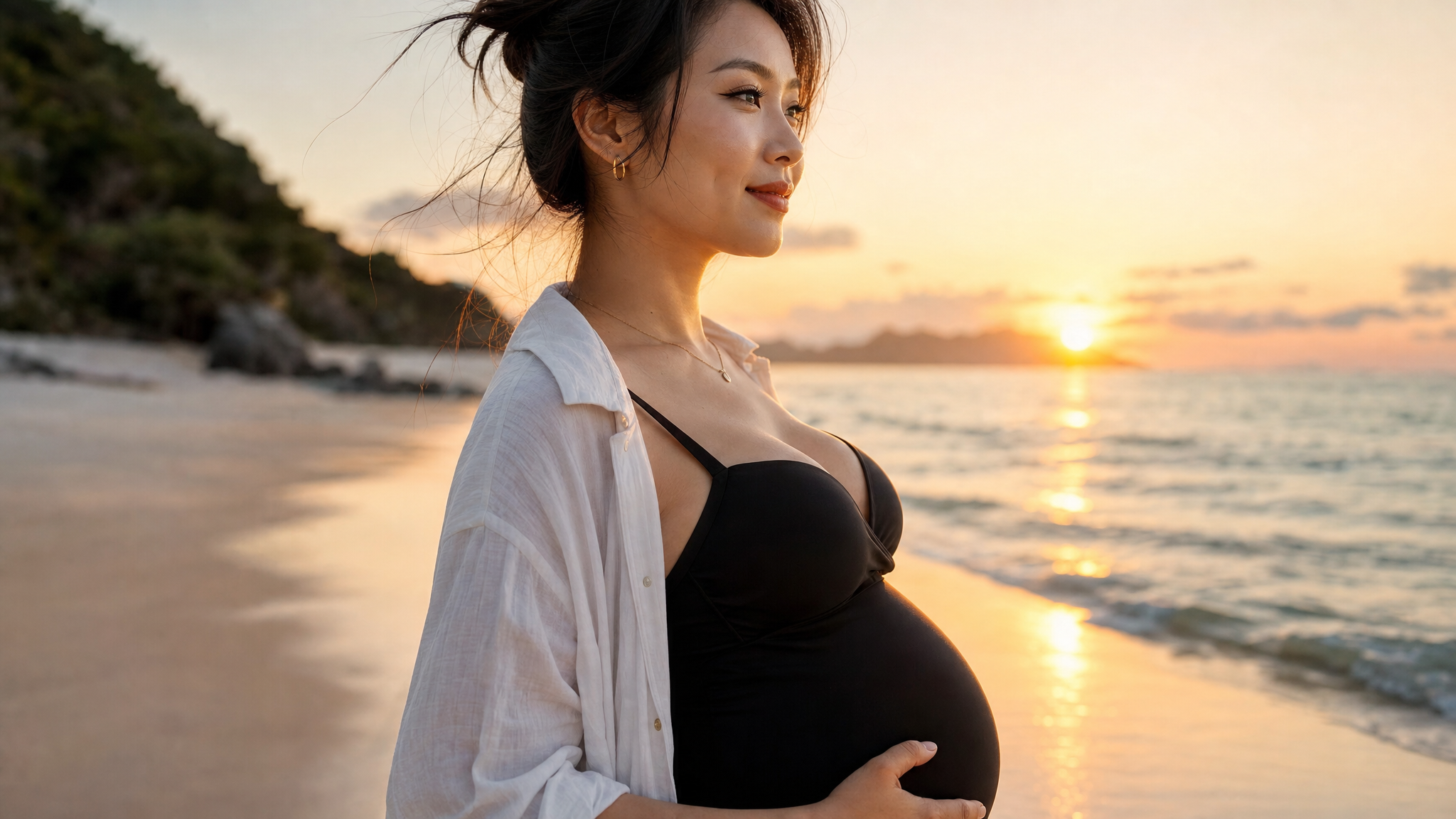 Close-up shot of a stylish Chinese pregnant woman on the beach, side profile showing a beautiful baby bump (S-curve pose). She is gently holding her belly with one hand. Wearing a white shirt and black swimwear. Soft sunset lighting illuminating her face, natural skin texture showing the beauty of pregnancy. High fashion editorial style, ultra-clear, 8k --ar 3:4
