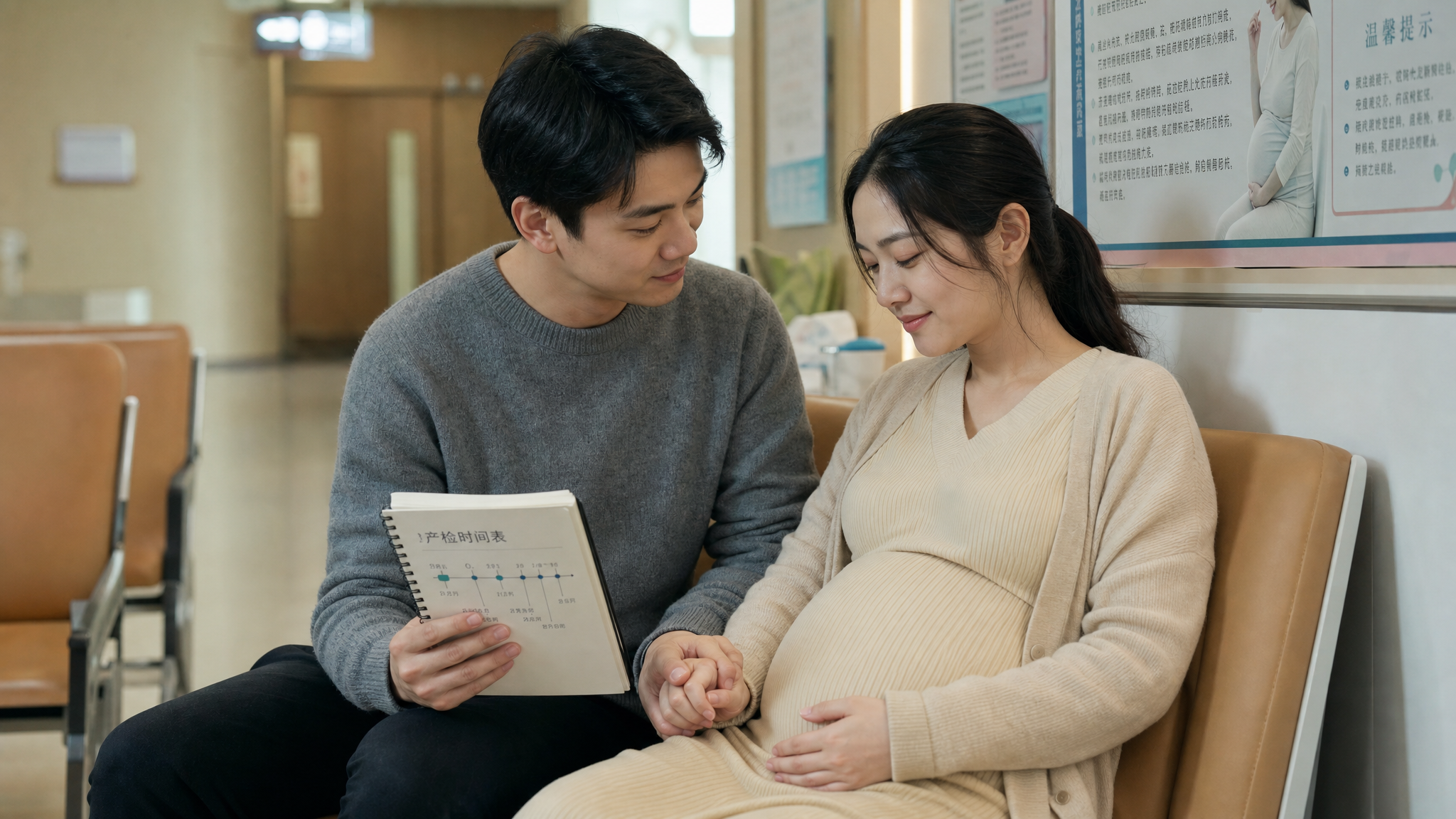 A caring young Chinese husband accompanying his pregnant wife in a hospital waiting area. He is holding a notebook with timelines and gently holding her hand to comfort her. Warm and reassuring atmosphere, soft lighting, emotional connection, realistic photography, 8k.