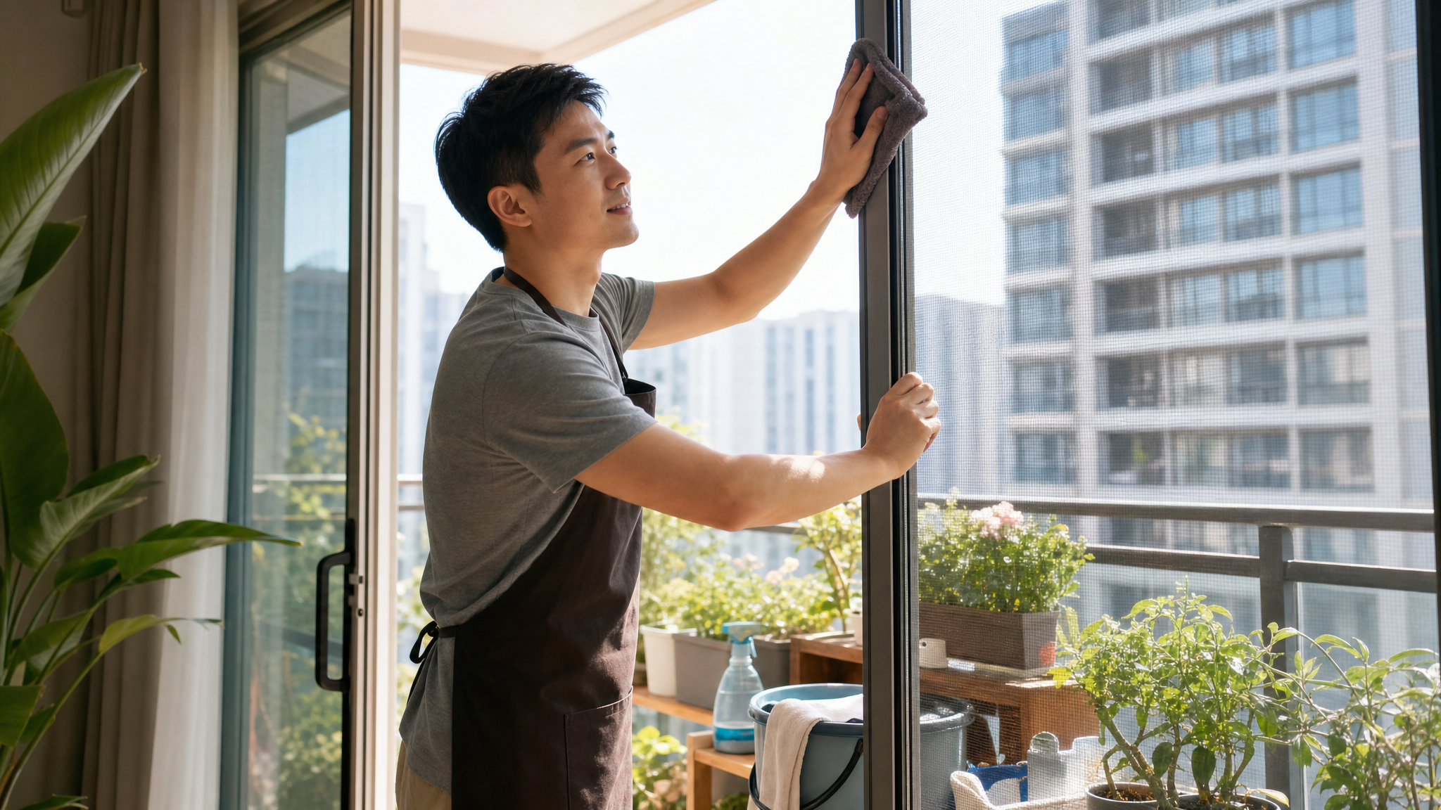 A heartwarming scene of a caring Chinese husband cleaning the balcony and checking the window screen in a modern apartment, preparing for summer. Bright daylight, natural sunlight, cozy home atmosphere, high quality, photorealistic, lifestyle photography, Chinese faces.