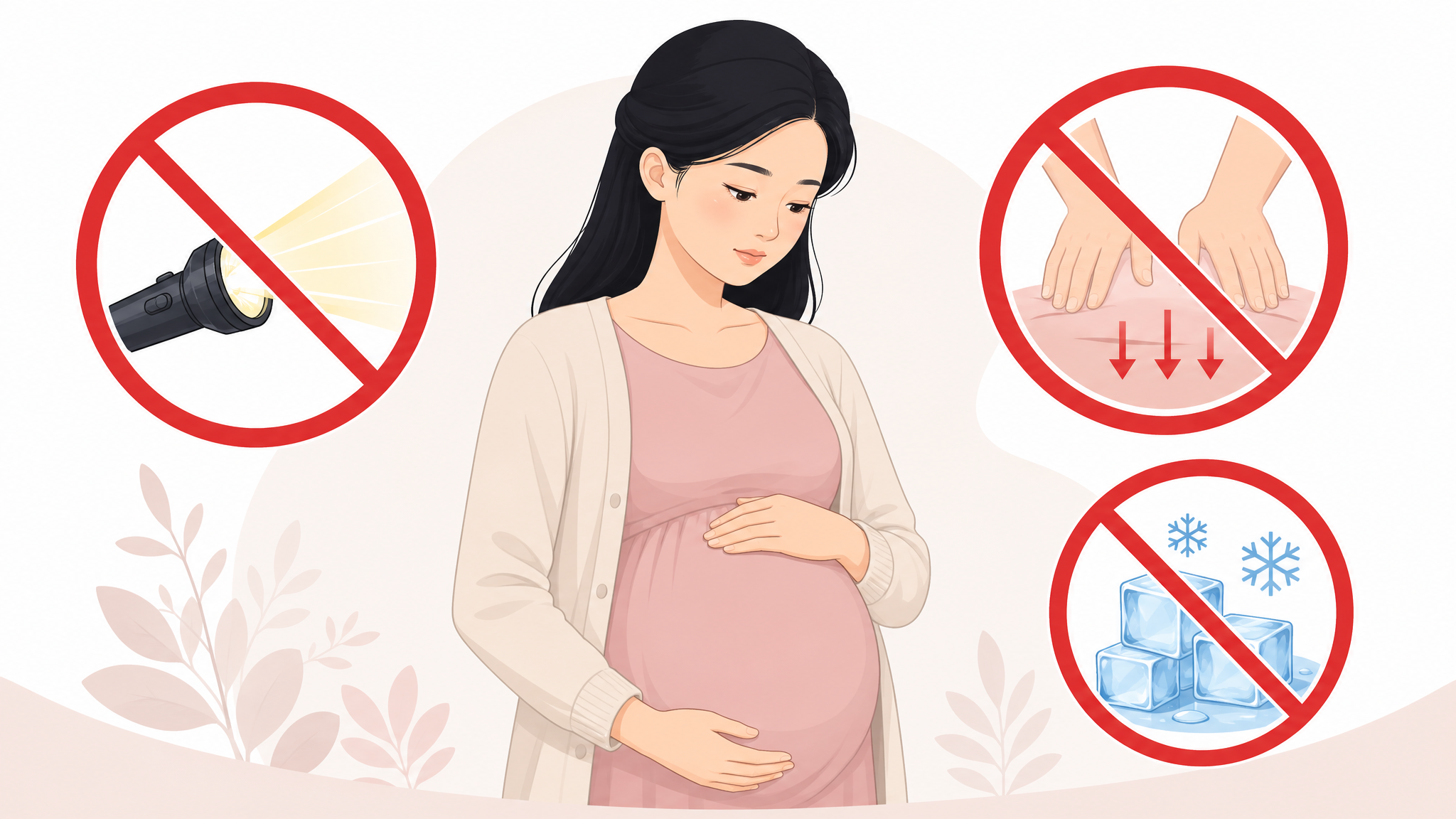 A conceptual illustration showing pregnancy taboos, featuring a Chinese pregnant woman holding her belly protectively. Around her are crossed-out warning icons: a bright flashlight, heavy pressing hands, and ice cubes. Red warning accents, clear educational medical style, flat vector illustration, clean background, professional and authoritative.