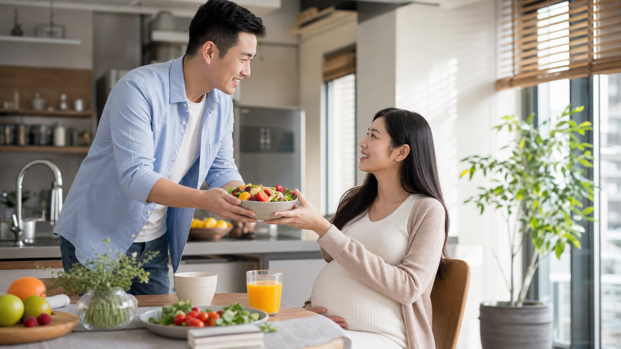 A caring young Chinese husband in a bright, modern kitchen, smiling and handing a bowl of fresh fruit and vegetable salad to his beautiful Chinese pregnant wife sitting at the dining table. The wife looks happy and relieved. Natural daylight, warm family atmosphere, high resolution, photorealistic.