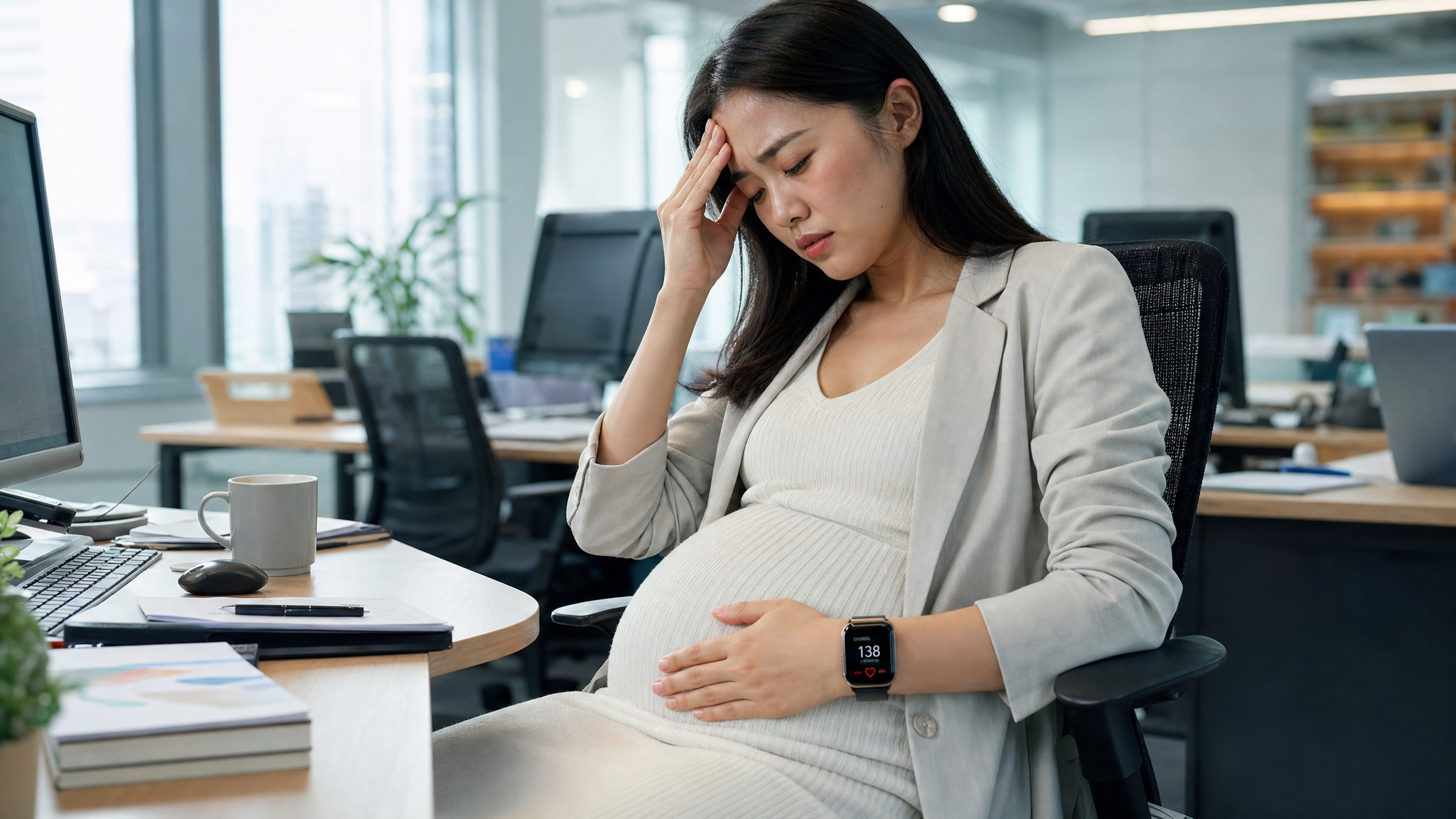 A young Chinese pregnant woman sitting in a modern office, looking slightly flushed and touching her forehead, wearing a light summer professional outfit, a smartwatch on her wrist showing a high heart rate, soft natural window light mixed with cool office lighting, cinematic lighting, photorealistic, 8k resolution.