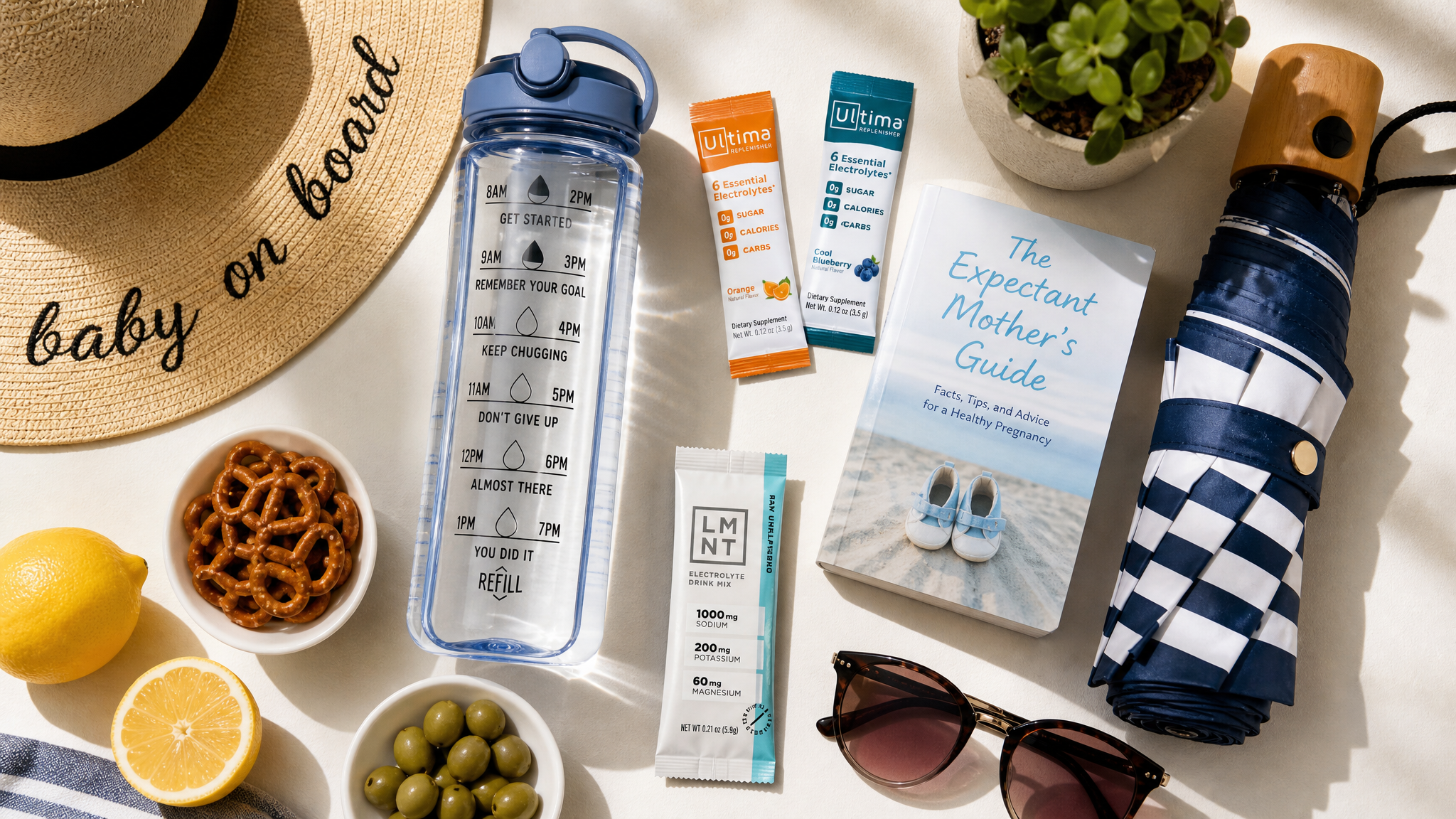 A beautifully arranged flat lay of a summer hydration kit for a pregnant woman, including a graduated water bottle, hydration salt packets, small salty snacks, and a sun umbrella, bright and fresh summer colors, highly detailed, photorealistic, commercial product photography, top-down view.