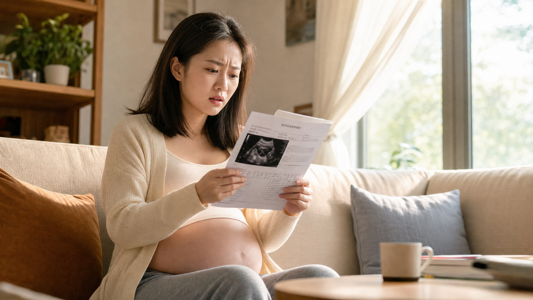 A high-quality, realistic photo of a young Chinese pregnant woman sitting on a cozy living room sofa, holding an ultrasound medical report with a slightly confused and anxious expression. Soft natural sunlight filtering through the window, bright and warm tones, cinematic lighting, 8k resolution, highly detailed.