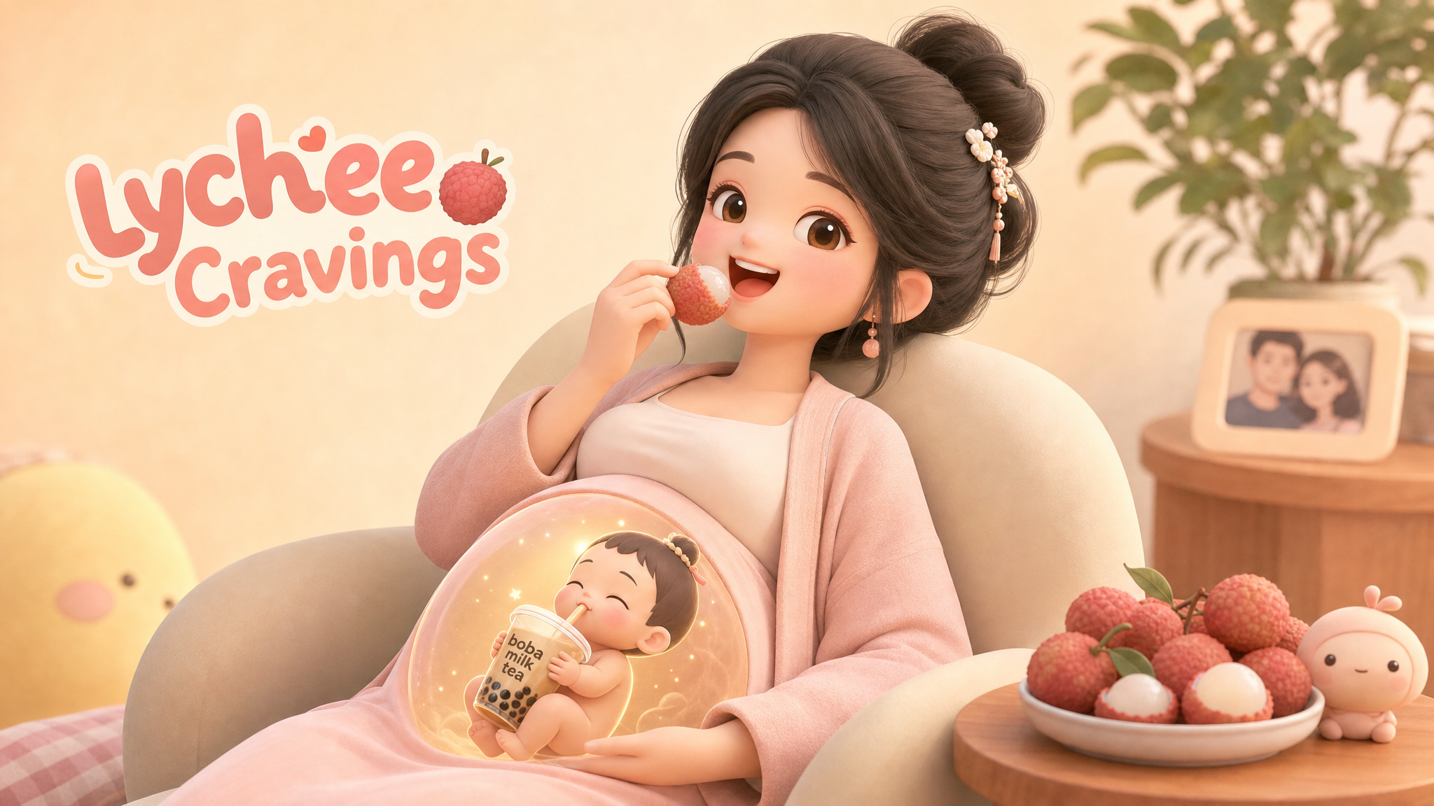 A cute 3D illustration of a beautiful young Chinese pregnant woman happily eating lychees, with a semi-transparent glowing belly showing a cute cartoon Chinese fetus inside drinking a cup of