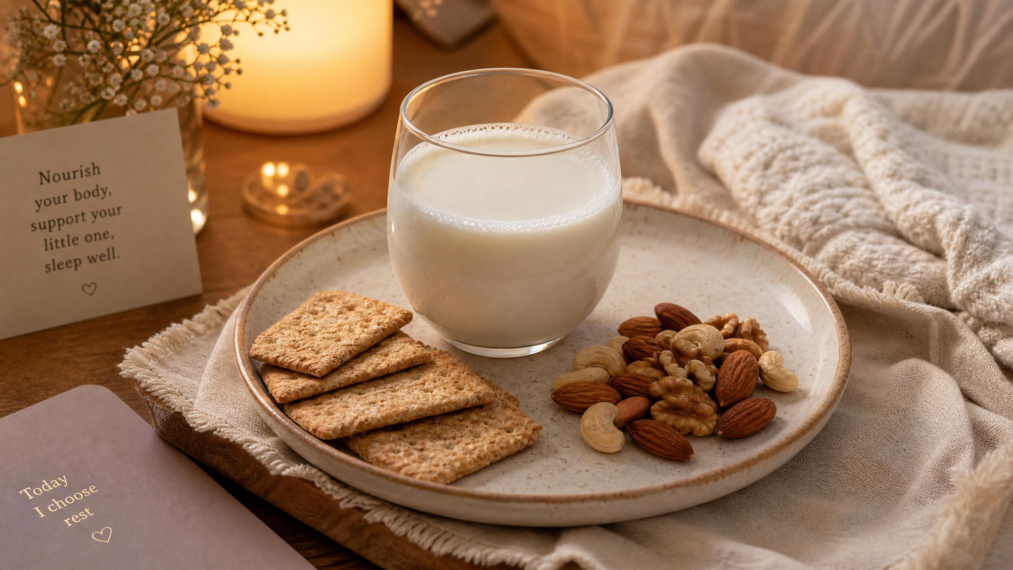 A beautifully styled flat lay of a bedtime snack for a pregnant woman. A glass of warm milk, a small portion of whole wheat crackers, and a handful of mixed nuts on a ceramic plate. Soft, warm evening lighting, cozy home atmosphere, aesthetic food photography, high resolution, soft focus background.