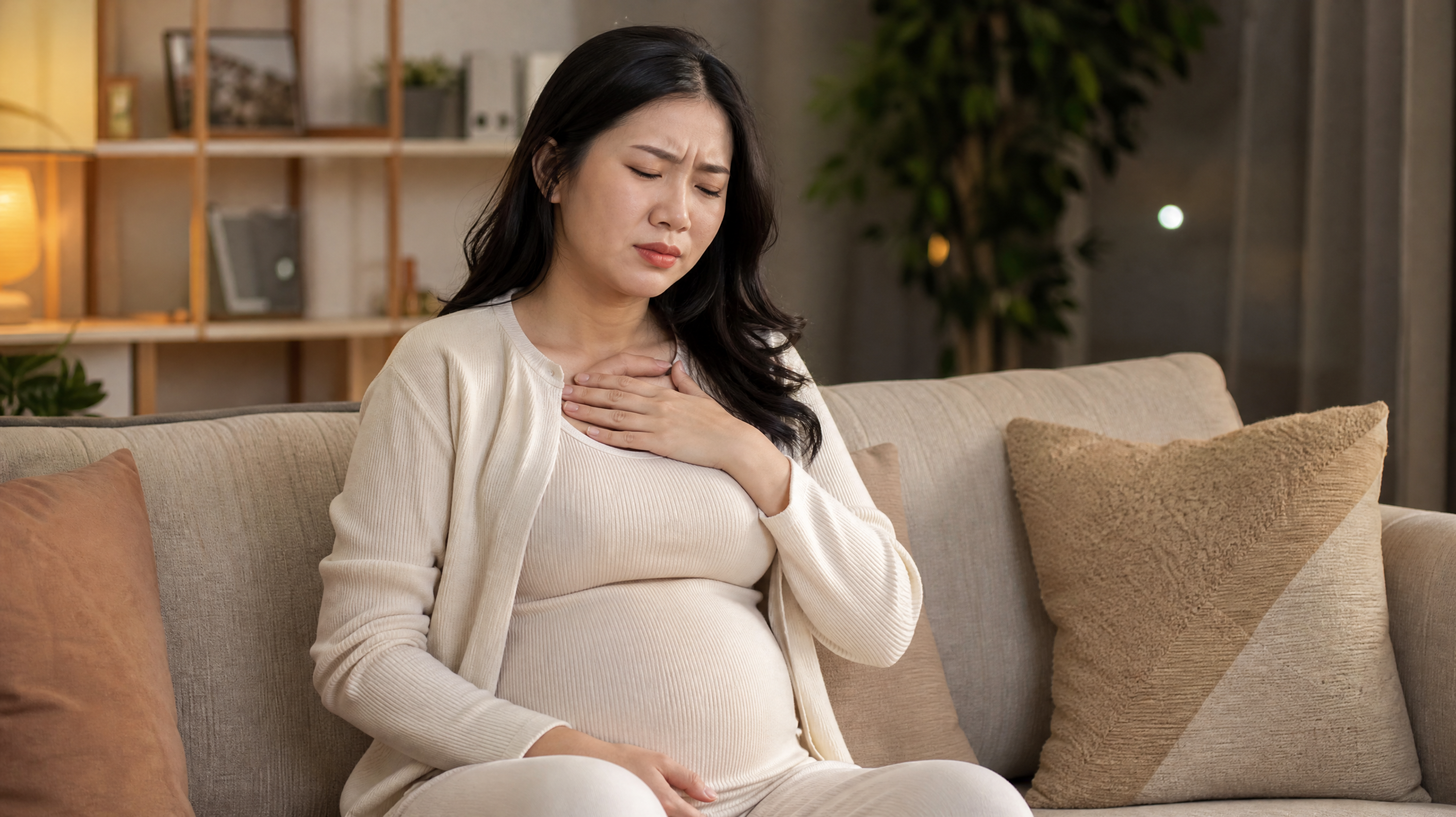 A medium shot of a beautiful young Chinese pregnant woman in cozy homewear, sitting on a soft sofa, gently touching her chest with a slight frown, experiencing heartburn. Warm indoor lighting, soft shadows, cozy living room background, cinematic lighting, photorealistic, 8k resolution, highly detailed. --ar 3:4