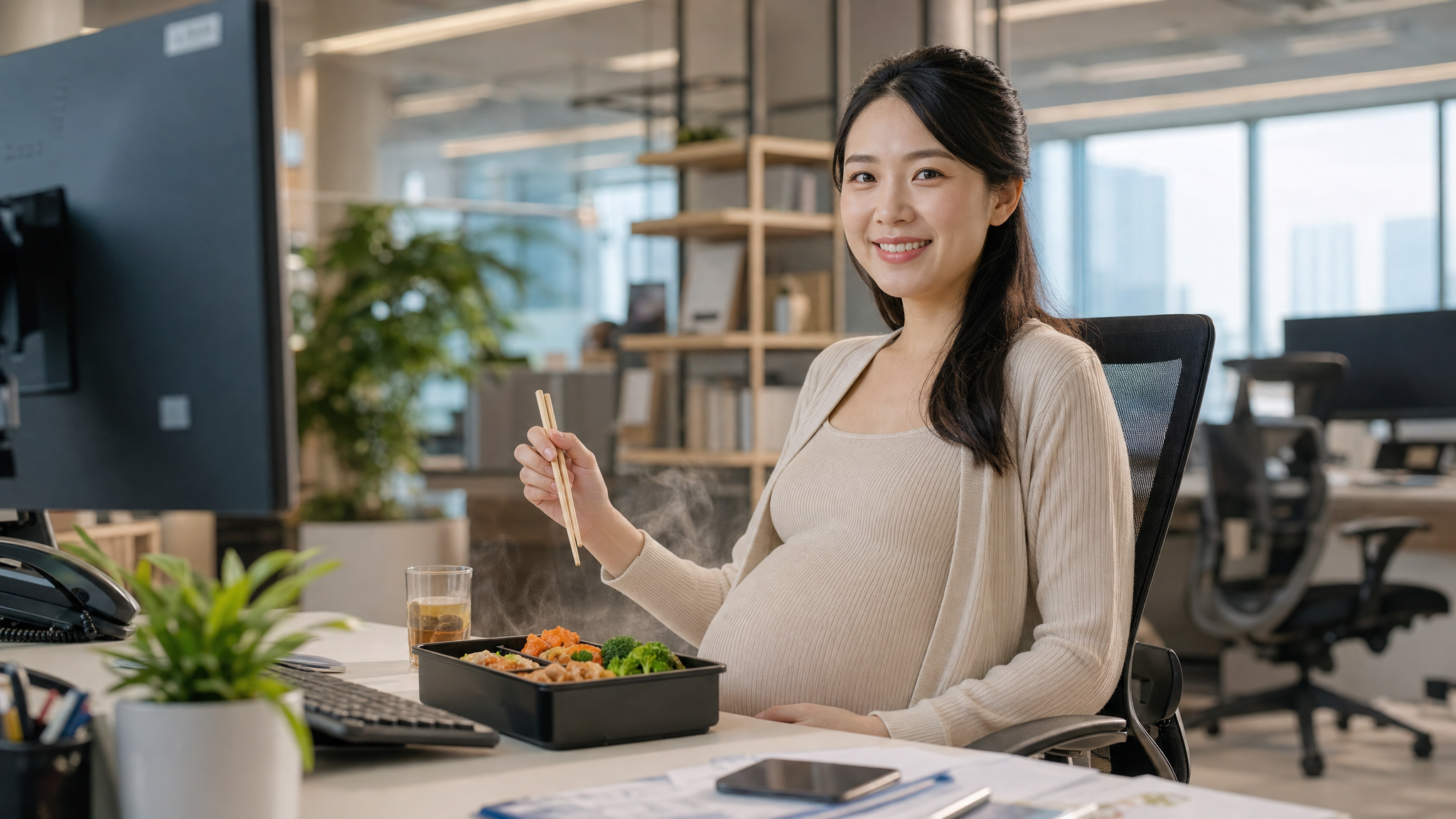 A cheerful Chinese pregnant woman sitting at her office desk, enjoying a steaming hot, healthy bento meal. She is holding chopsticks. Modern office environment in the background, bright and positive lighting, professional corporate setting, photorealistic, cinematic depth of field.