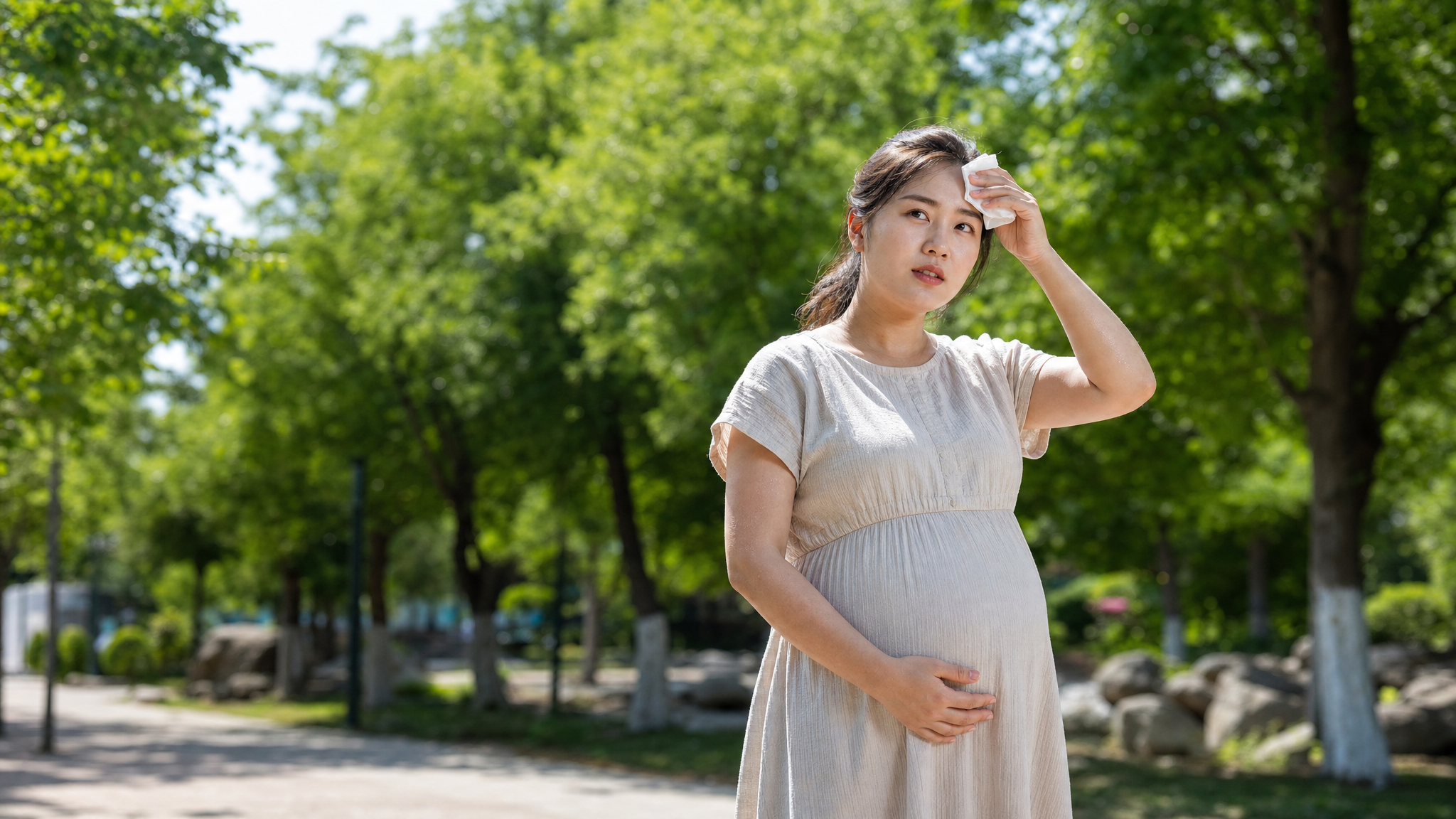 A photorealistic image of a young Chinese pregnant woman standing outdoors in the hot summer, looking slightly tired and wiping sweat from her forehead. She is wearing a light-colored, breathable maternity dress. Bright sunlight, slightly blurred background of a park with trees, cinematic lighting, 8k resolution, highly detailed face, natural skin texture, Midjourney v6.