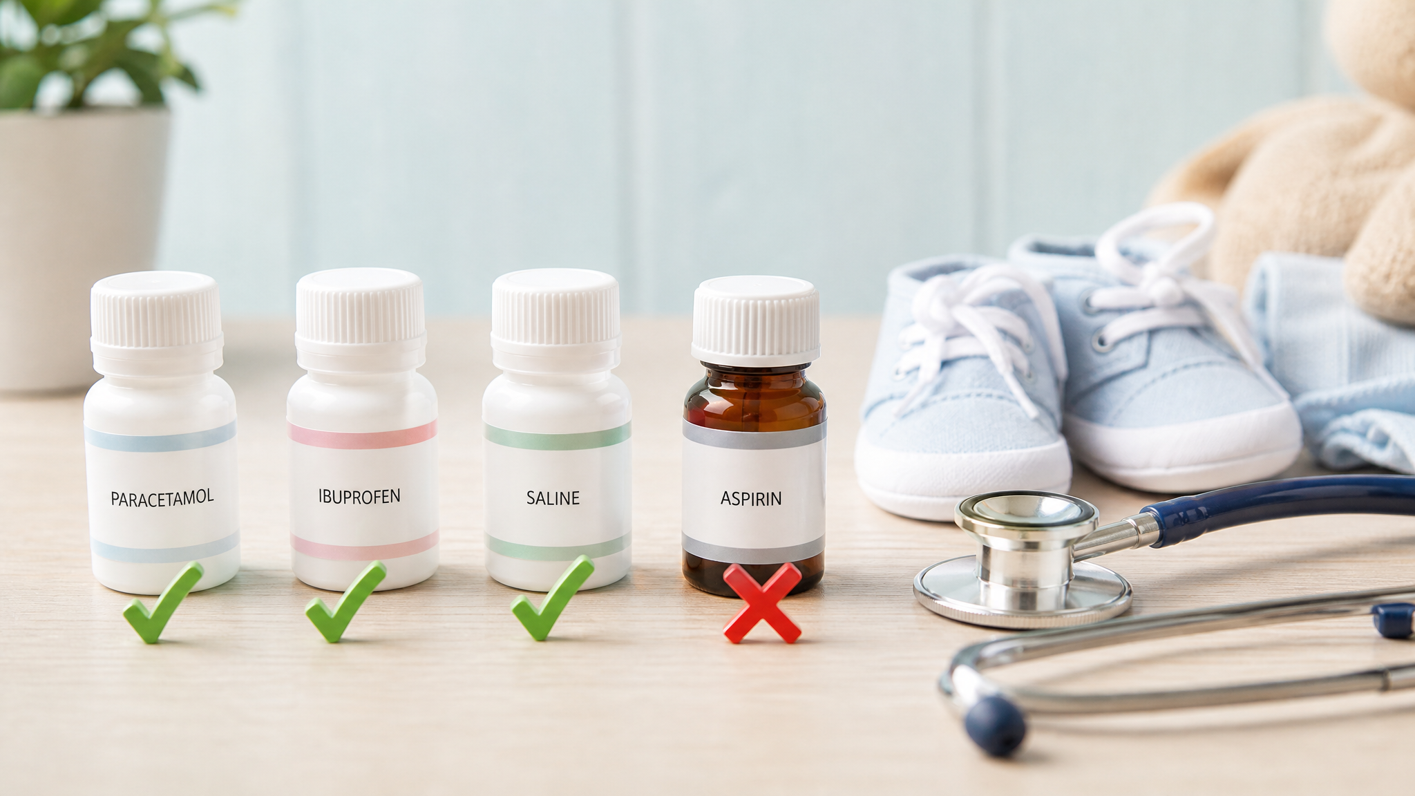 A conceptual still life photography. Three small, cute medicine bottles with green checkmarks next to them, and one bottle with a prominent red cross indicating forbidden. Placed on a light wood table next to a pair of tiny baby shoes and a stethoscope. Soft pastel color palette, studio lighting, bright and clean medical style, high quality, 8k.