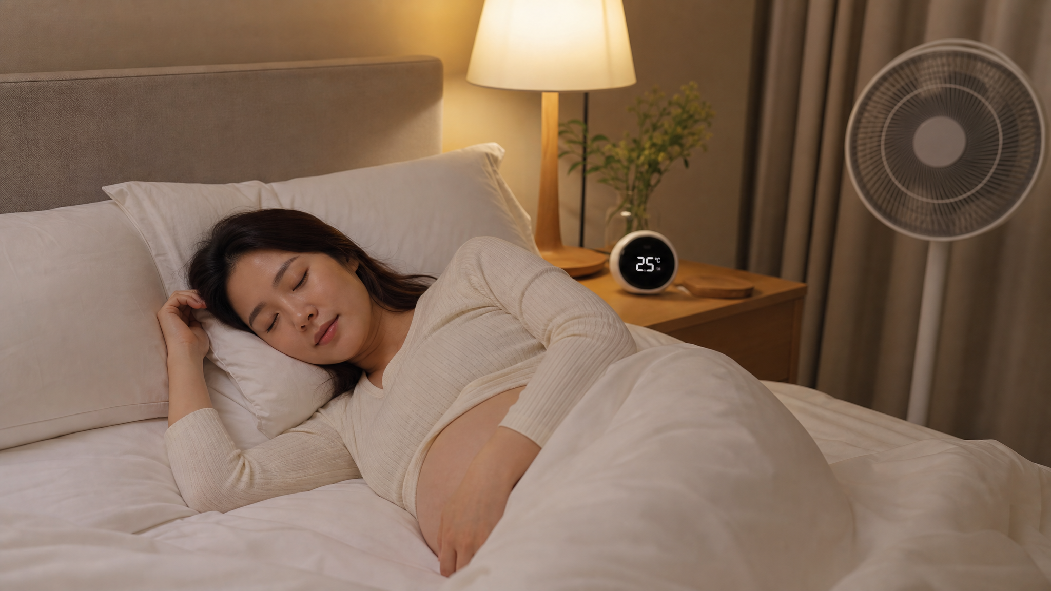 A cozy, realistic photo of a beautiful Chinese pregnant woman sleeping peacefully in a comfortable bed. An air circulator fan is gently blowing in the corner, and a smart thermometer on the nightstand shows 25 degrees Celsius. Warm and soft night lighting, clean white bedding, tranquil atmosphere, photorealistic, Midjourney style.