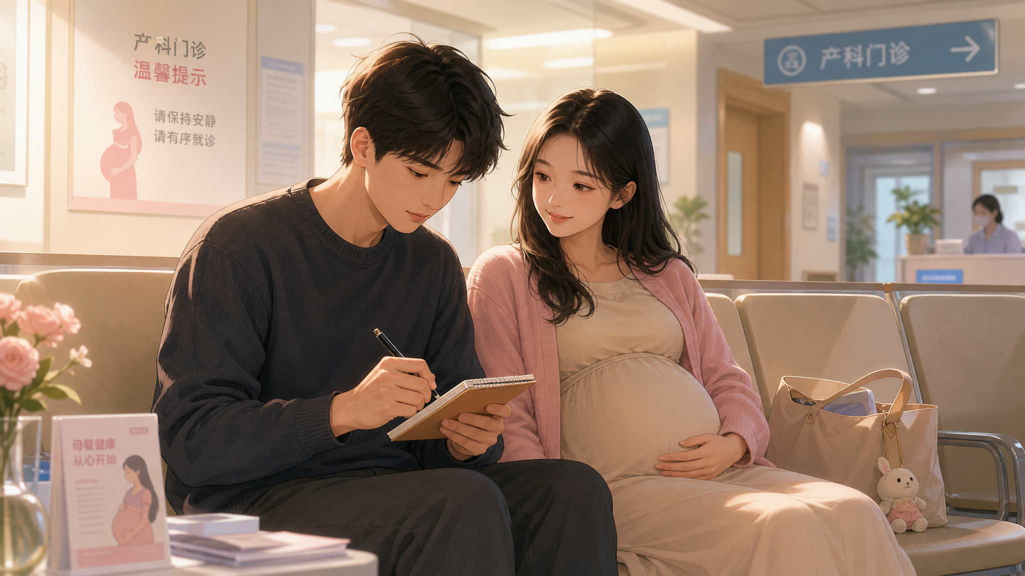 A heartwarming illustration of a young Chinese expectant father sitting in a hospital waiting area, carefully taking notes on a small notebook, a beautiful Chinese pregnant woman sitting next to him smiling gently, warm indoor lighting, cozy and supportive atmosphere, soft pastel colors, high resolution, detailed, anime aesthetic.